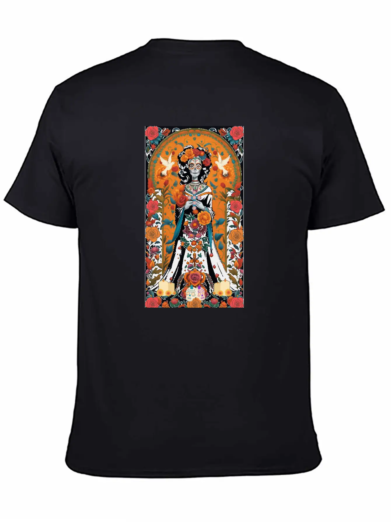 Sugar Skull Womans With Flowers, Doves, & Candles Classic Cotton Tee – Unisex Comfort For Any Season