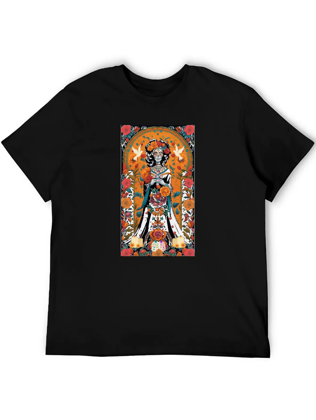 Sugar Skull Womans With Flowers, Doves, & Candles Classic Cotton Tee – Unisex Comfort For Any Season