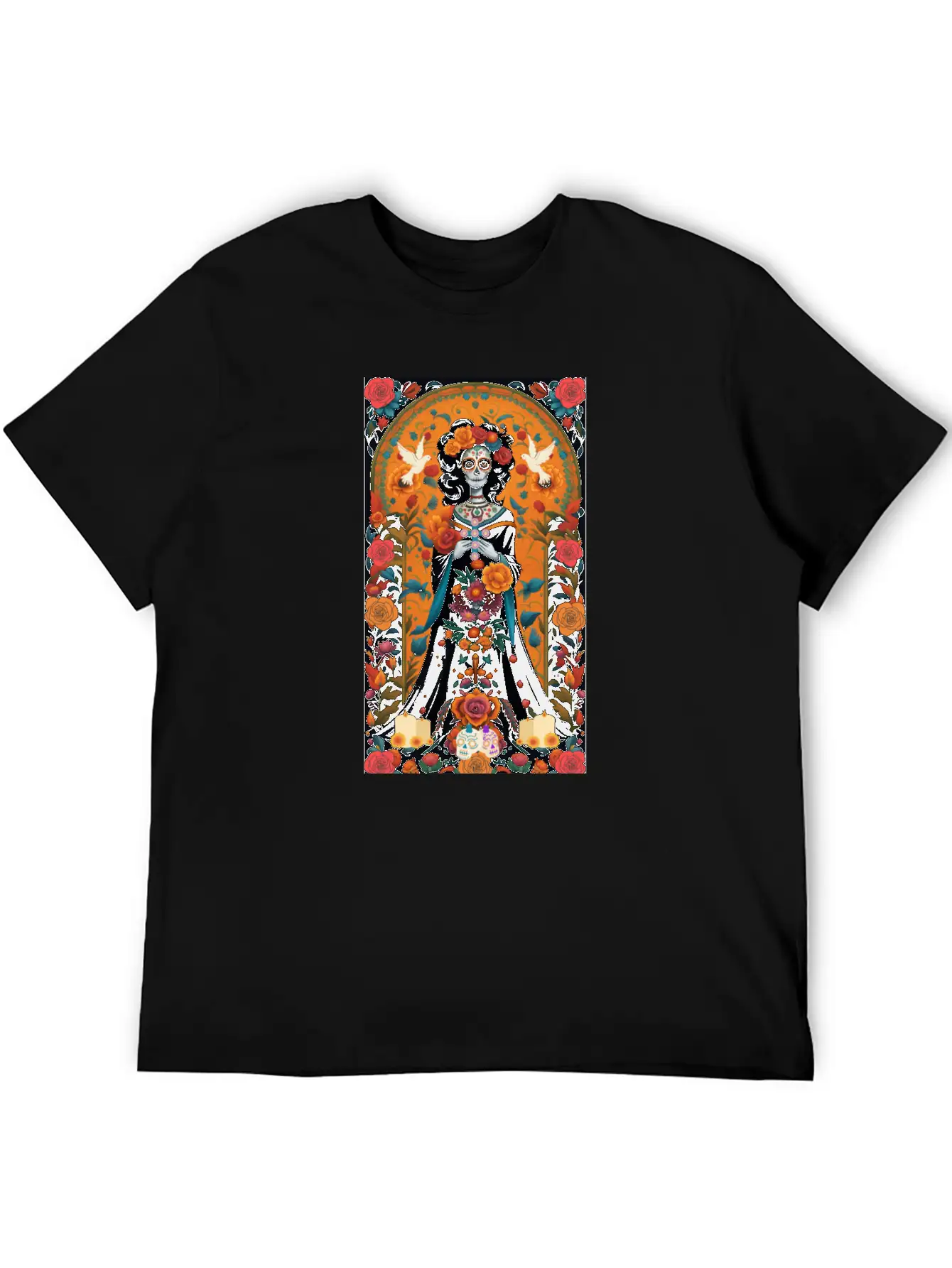Sugar Skull Womans With Flowers, Doves, & Candles Classic Cotton Tee – Unisex Comfort For Any Season