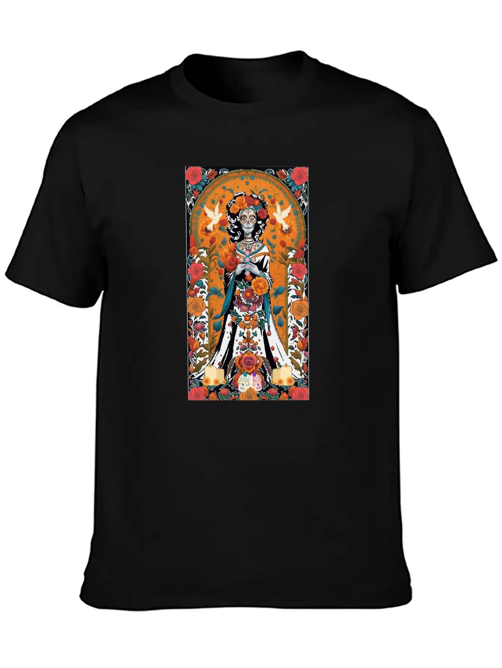 Sugar Skull Womans With Flowers, Doves, & Candles Classic Cotton Tee – Unisex Comfort For Any Season