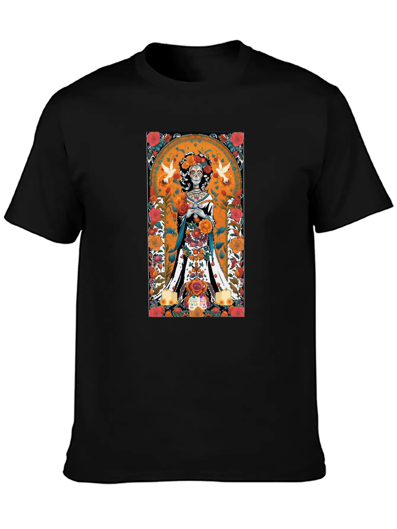 Sugar Skull Womans With Flowers, Doves, & Candles Classic Cotton Tee – Unisex Comfort For Any Season