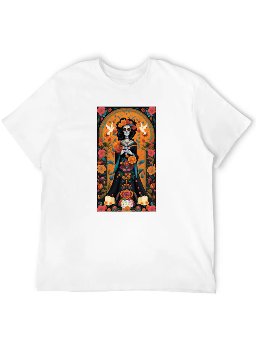 Sugar Skull Womans With Flowers, Doves, & Candles Classic Cotton Tee – Unisex Comfort For Any Season
