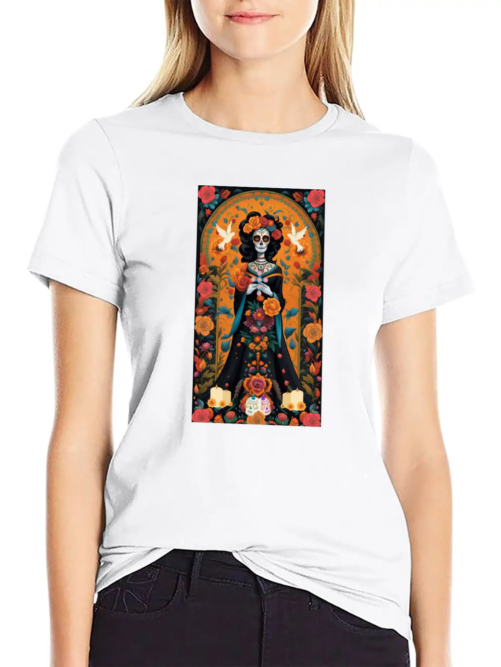 Sugar Skull Womans With Flowers, Doves, & Candles Classic Cotton Tee – Unisex Comfort For Any Season