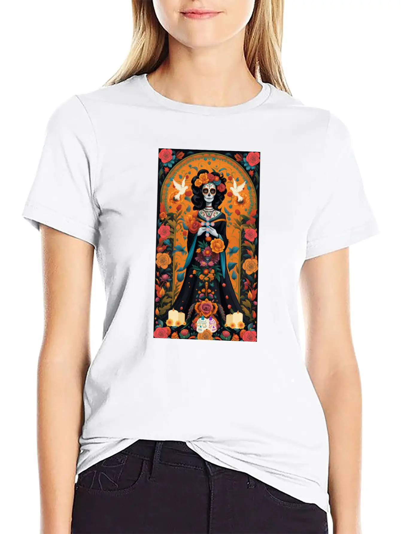 Sugar Skull Womans With Flowers, Doves, & Candles Classic Cotton Tee – Unisex Comfort For Any Season