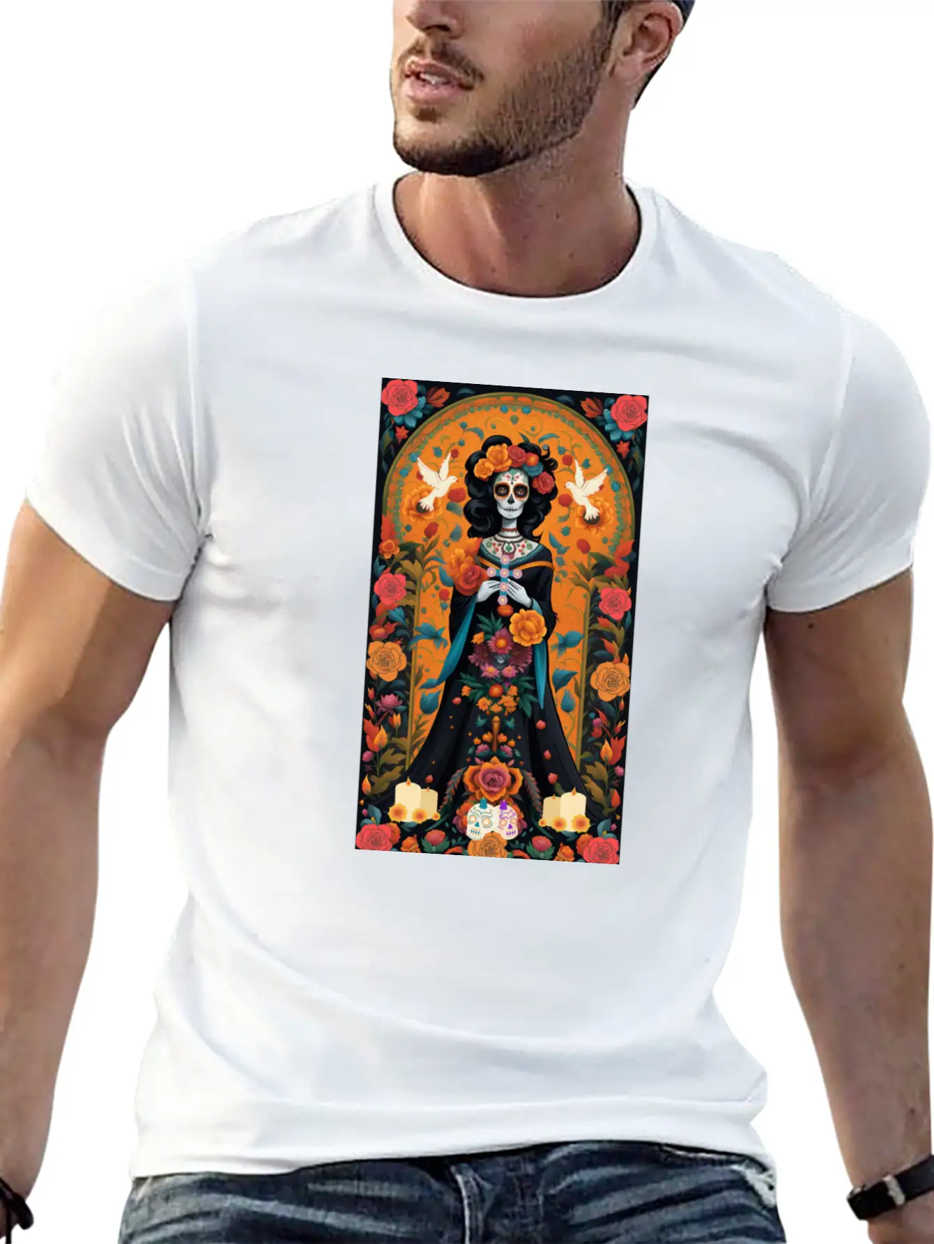 Sugar Skull Womans With Flowers, Doves, & Candles Classic Cotton Tee – Unisex Comfort For Any Season