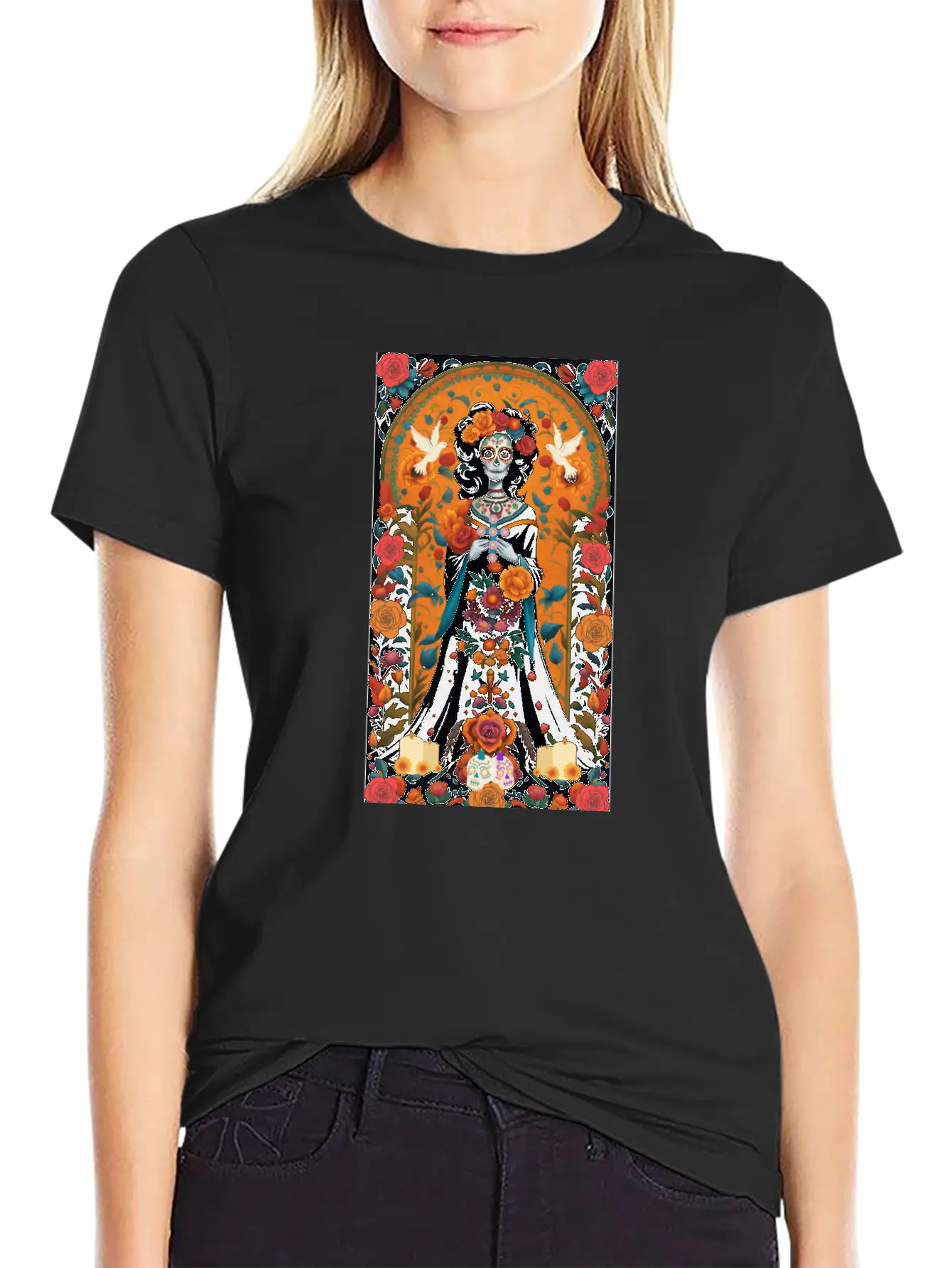 Sugar Skull Womans With Flowers, Doves, & Candles Classic Cotton Tee – Unisex Comfort For Any Season