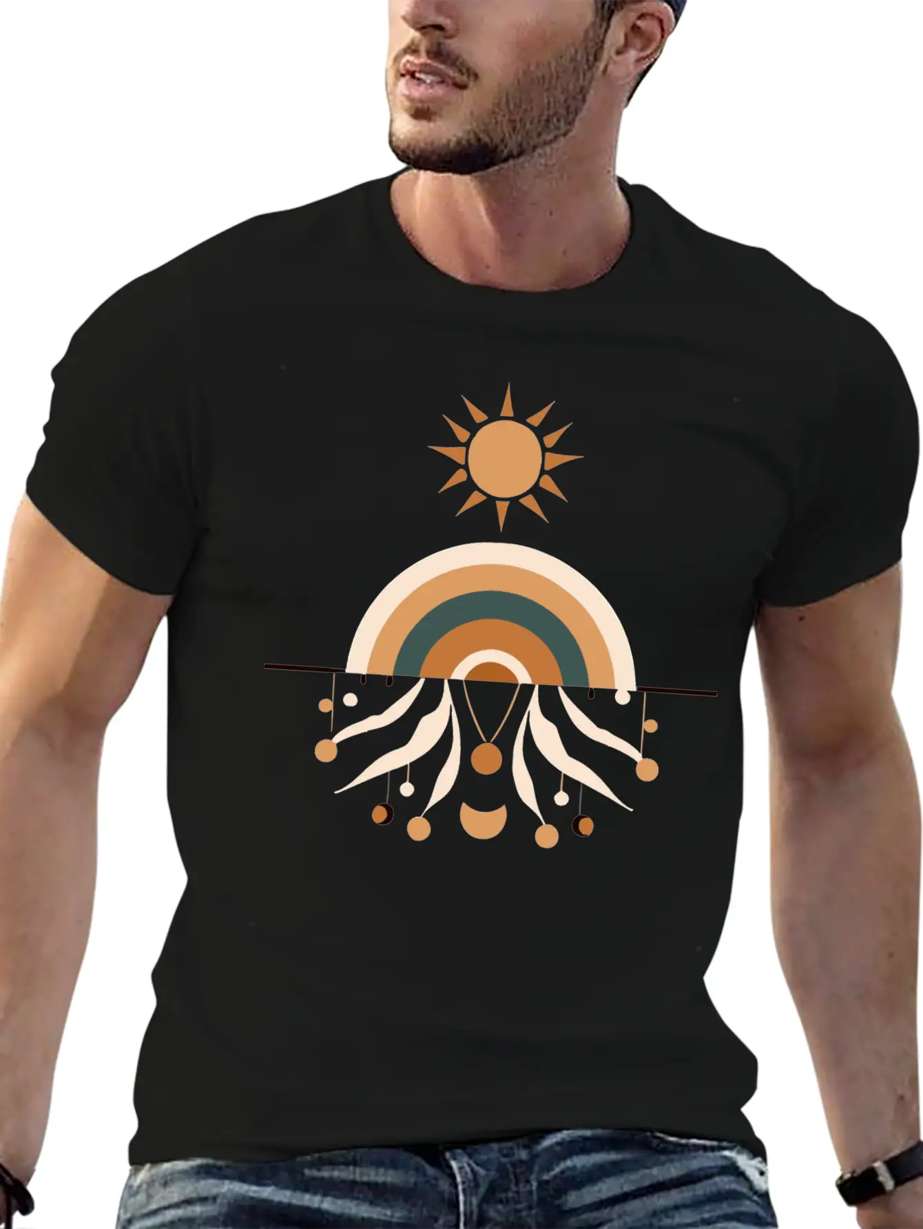 Sun And Rainbow Boho Design Stylish Everyday T-Shirt – Unisex Basic Cotton Tee