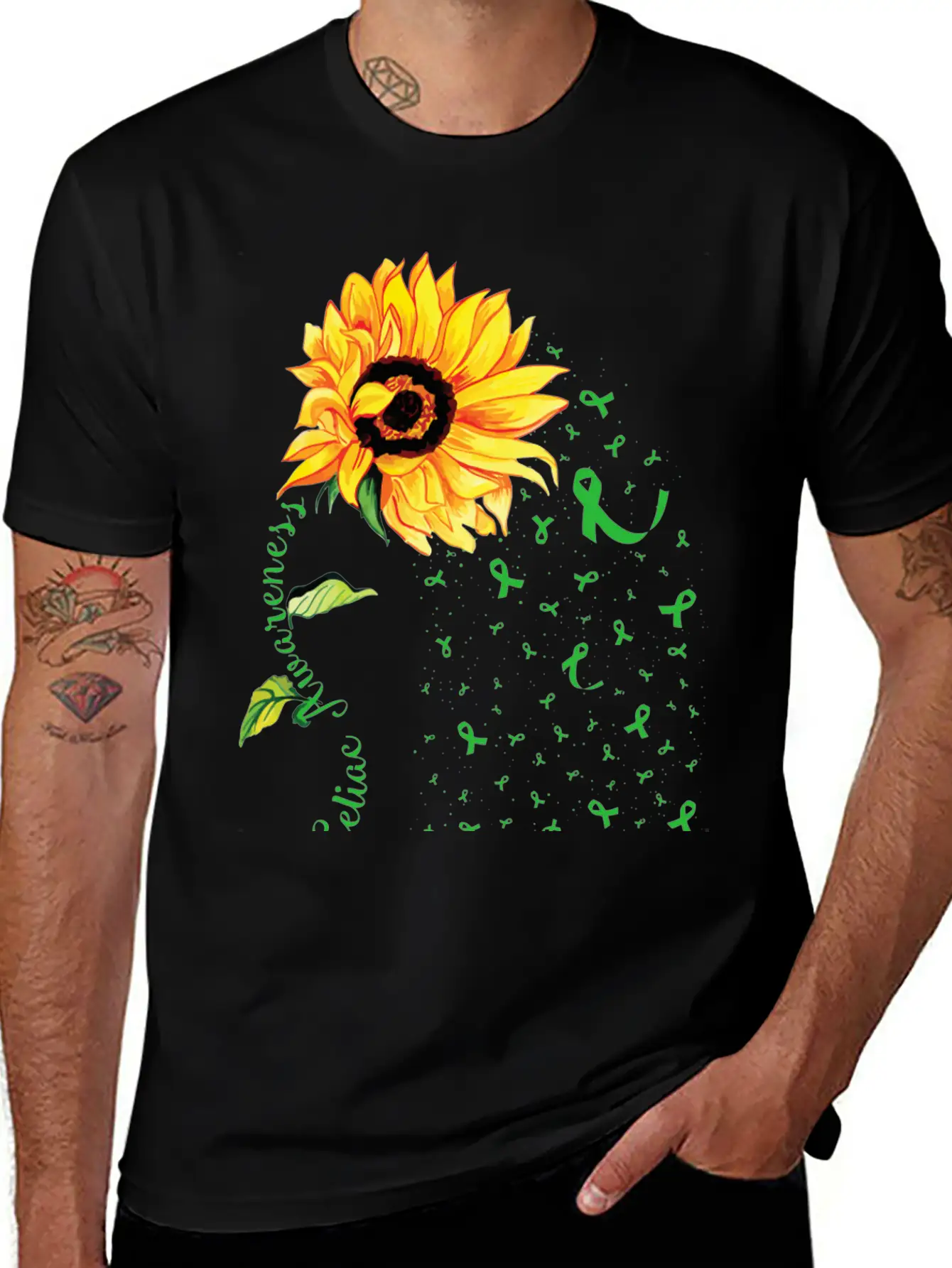 Sunflower Celiac Awareness Green Ribbon Essential Cotton Tee For Daily Outfits – Unisex Style
