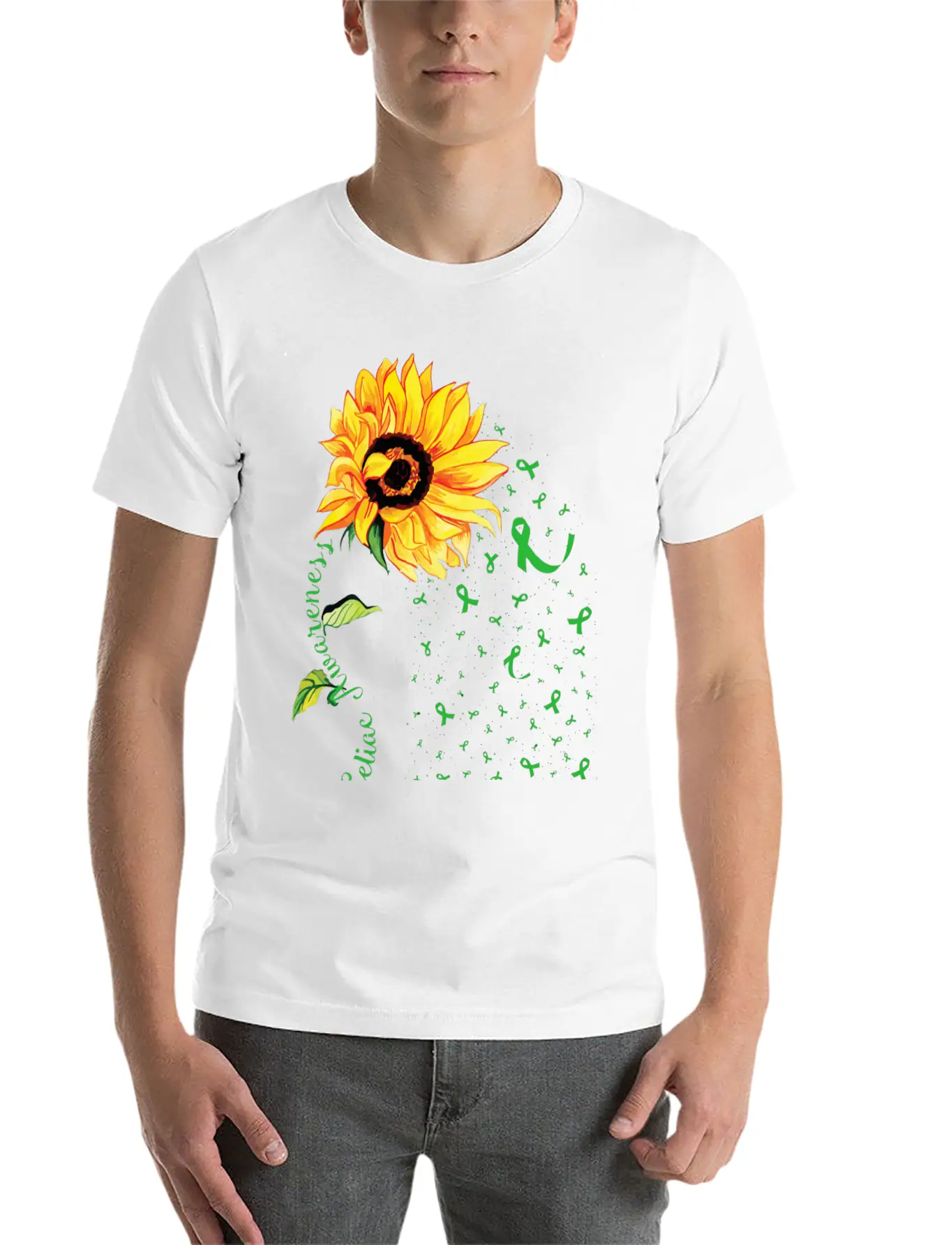 Sunflower Celiac Awareness Green Ribbon Essential Cotton Tee For Daily Outfits – Unisex Style