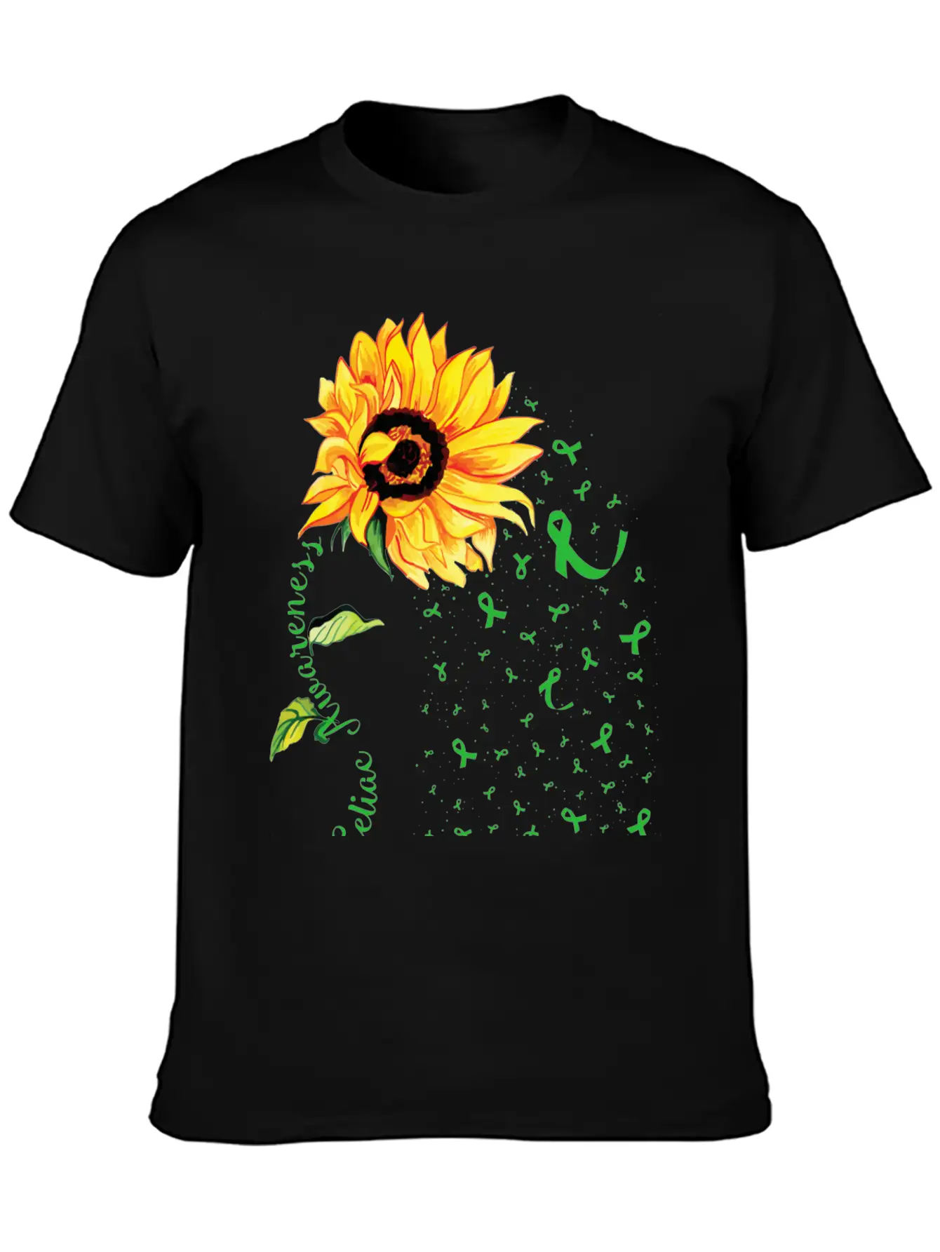 Sunflower Celiac Awareness Green Ribbon Essential Cotton Tee For Daily Outfits – Unisex Style
