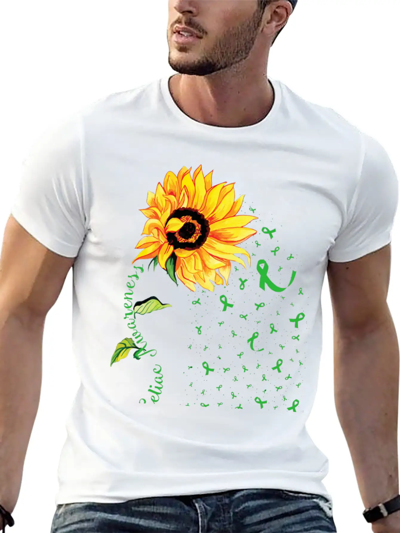 Sunflower Celiac Awareness Green Ribbon Essential Cotton Tee For Daily Outfits – Unisex Style