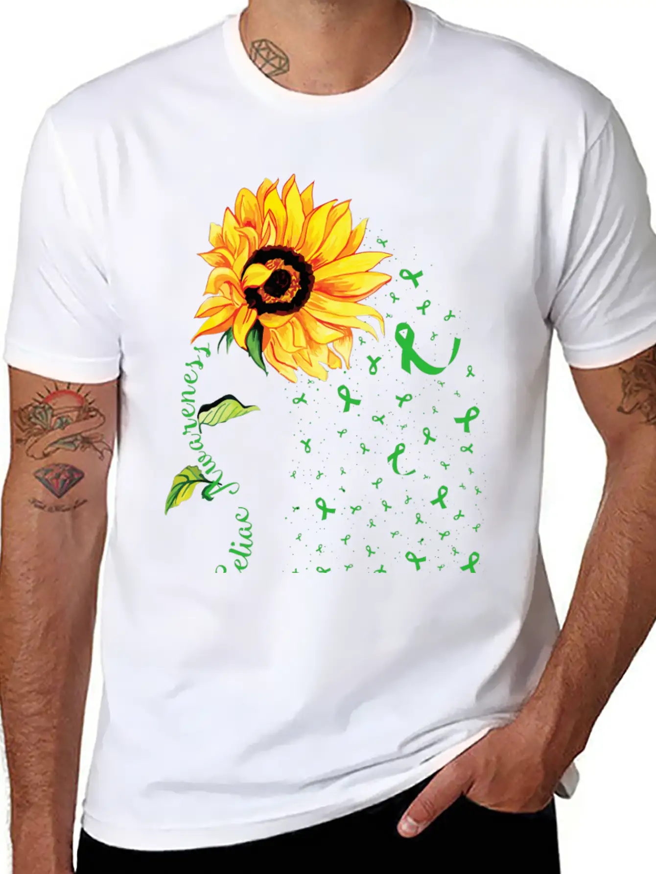 Sunflower Celiac Awareness Green Ribbon Essential Cotton Tee For Daily Outfits – Unisex Style