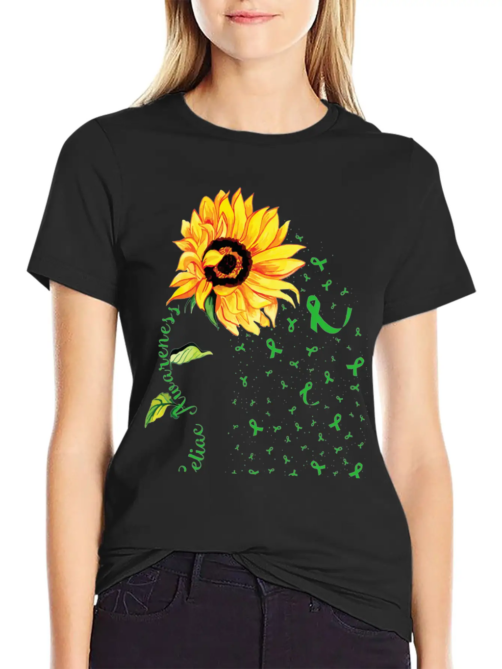 Sunflower Celiac Awareness Green Ribbon Essential Cotton Tee For Daily Outfits – Unisex Style