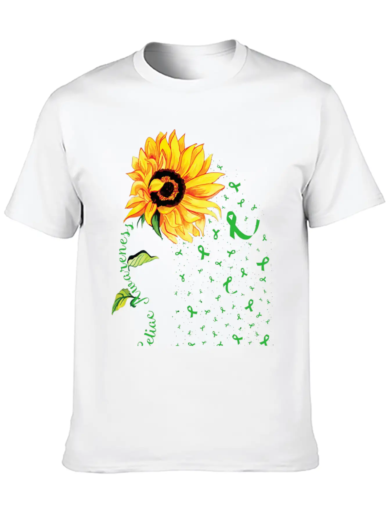 Sunflower Celiac Awareness Green Ribbon Essential Cotton Tee For Daily Outfits – Unisex Style