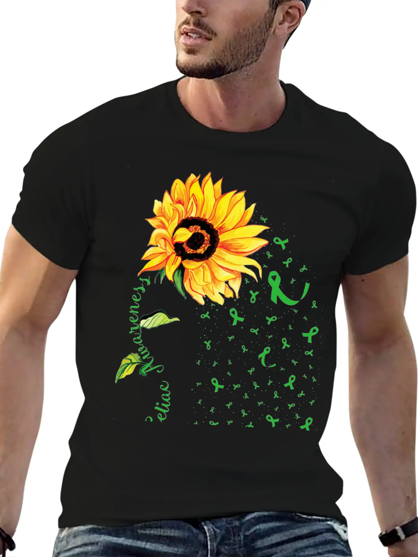 Sunflower Celiac Awareness Green Ribbon Essential Cotton Tee For Daily Outfits – Unisex Style