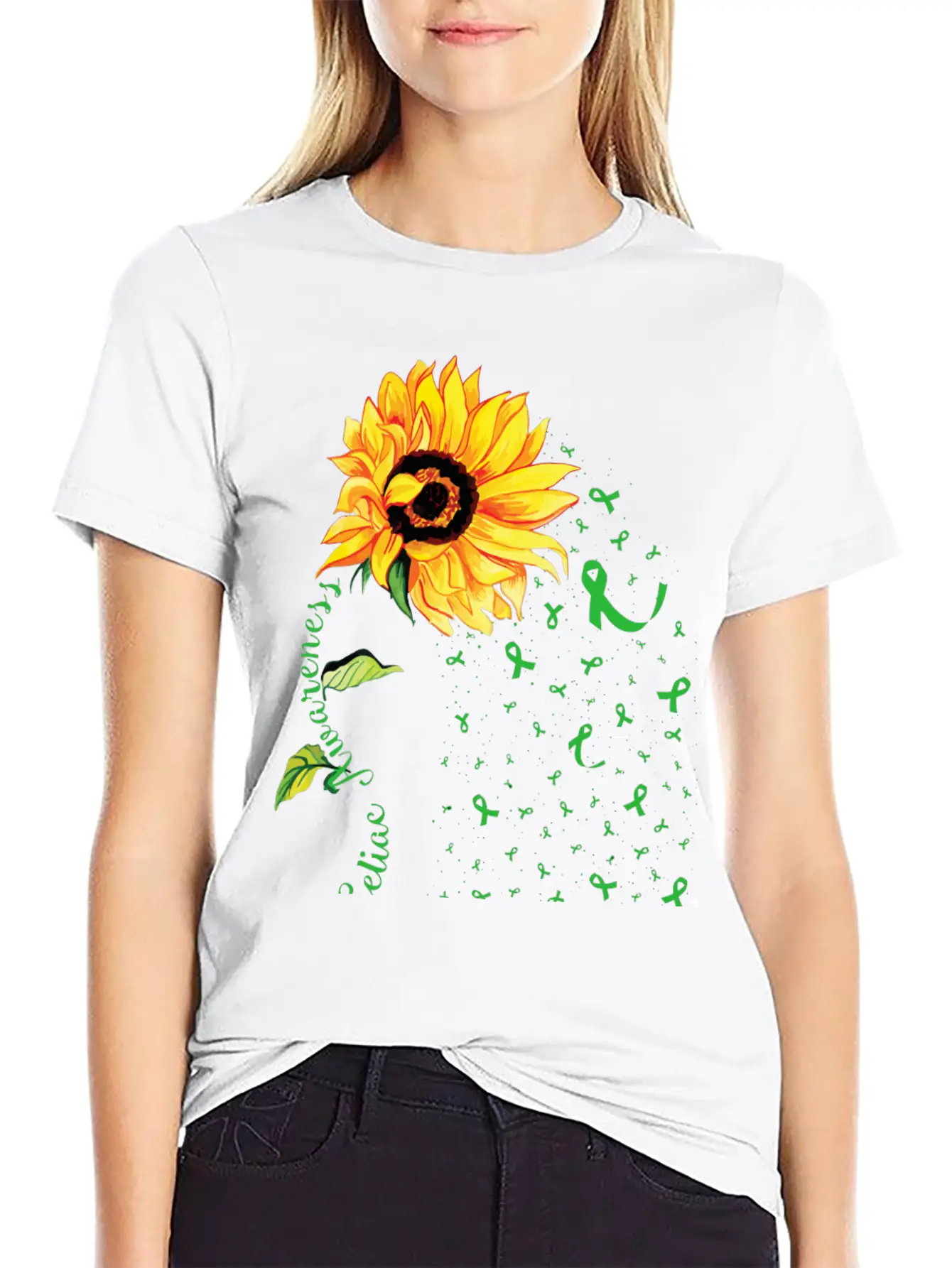 Sunflower Celiac Awareness Green Ribbon Essential Cotton Tee For Daily Outfits – Unisex Style