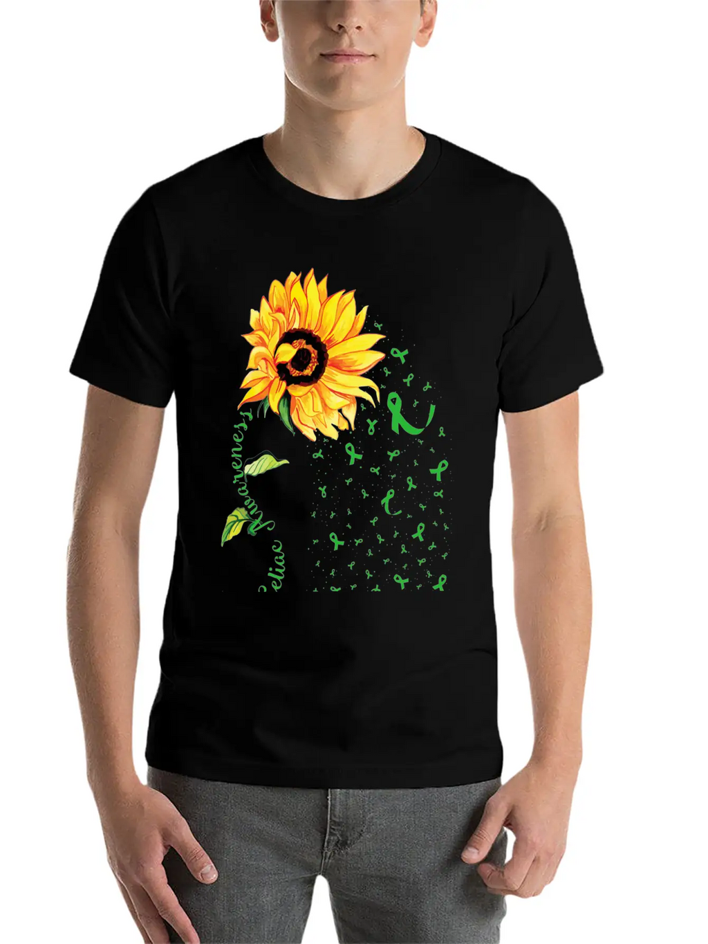 Sunflower Celiac Awareness Green Ribbon Essential Cotton Tee For Daily Outfits – Unisex Style