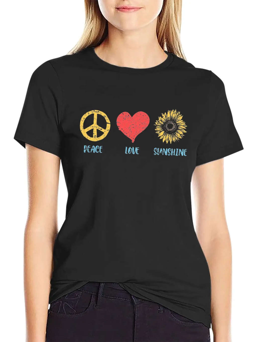 Sunflower Peace Sign Love Sunshine Vintage Hippie Breathable Graphic T-Shirt – Perfect For Casual Days