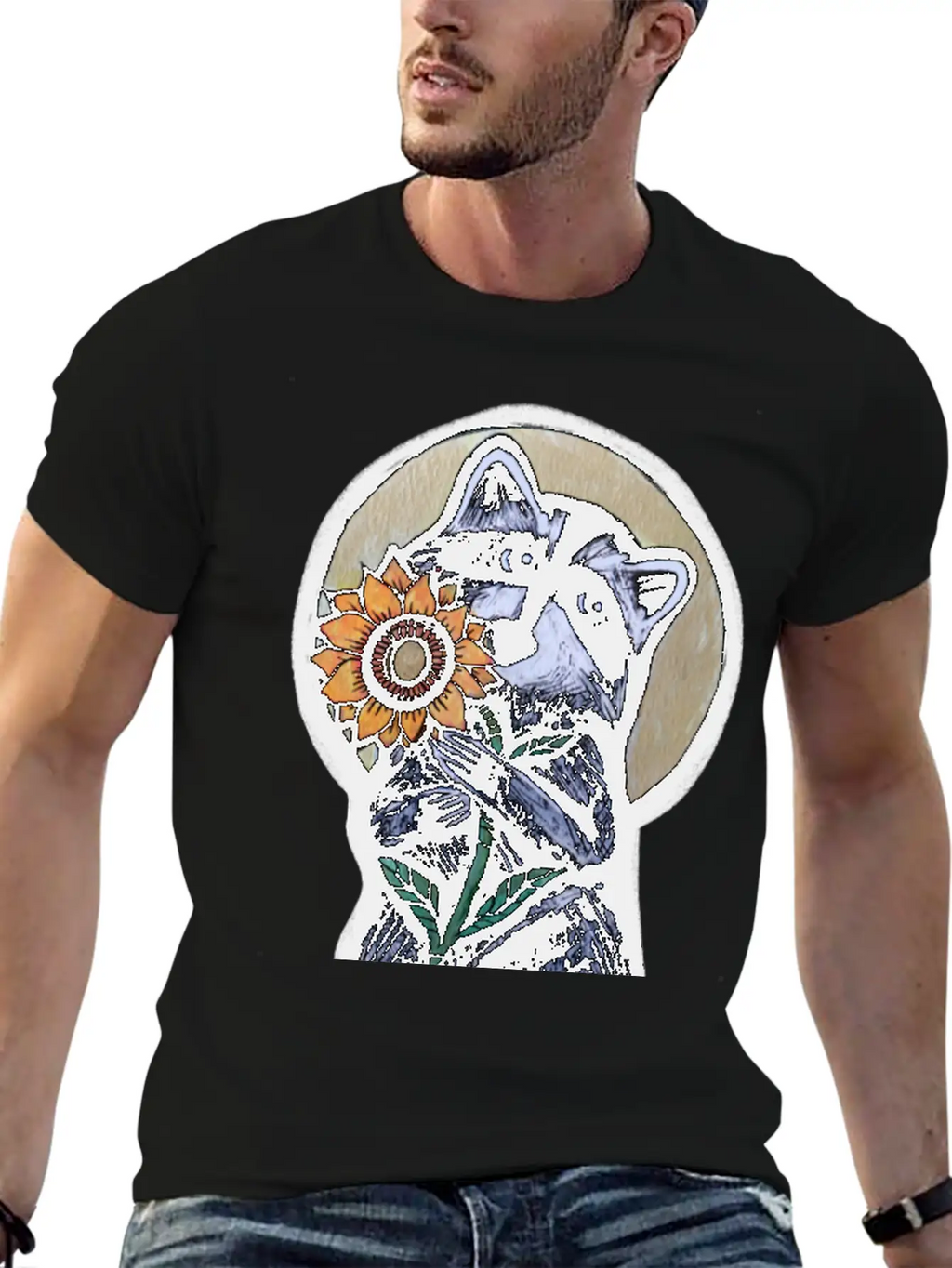 Sunflower Raccoon Breathable Graphic T-Shirt – Perfect For Casual Days