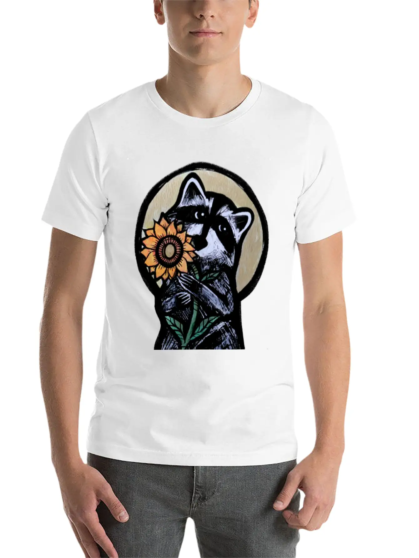 Sunflower Raccoon Breathable Graphic T-Shirt – Perfect For Casual Days
