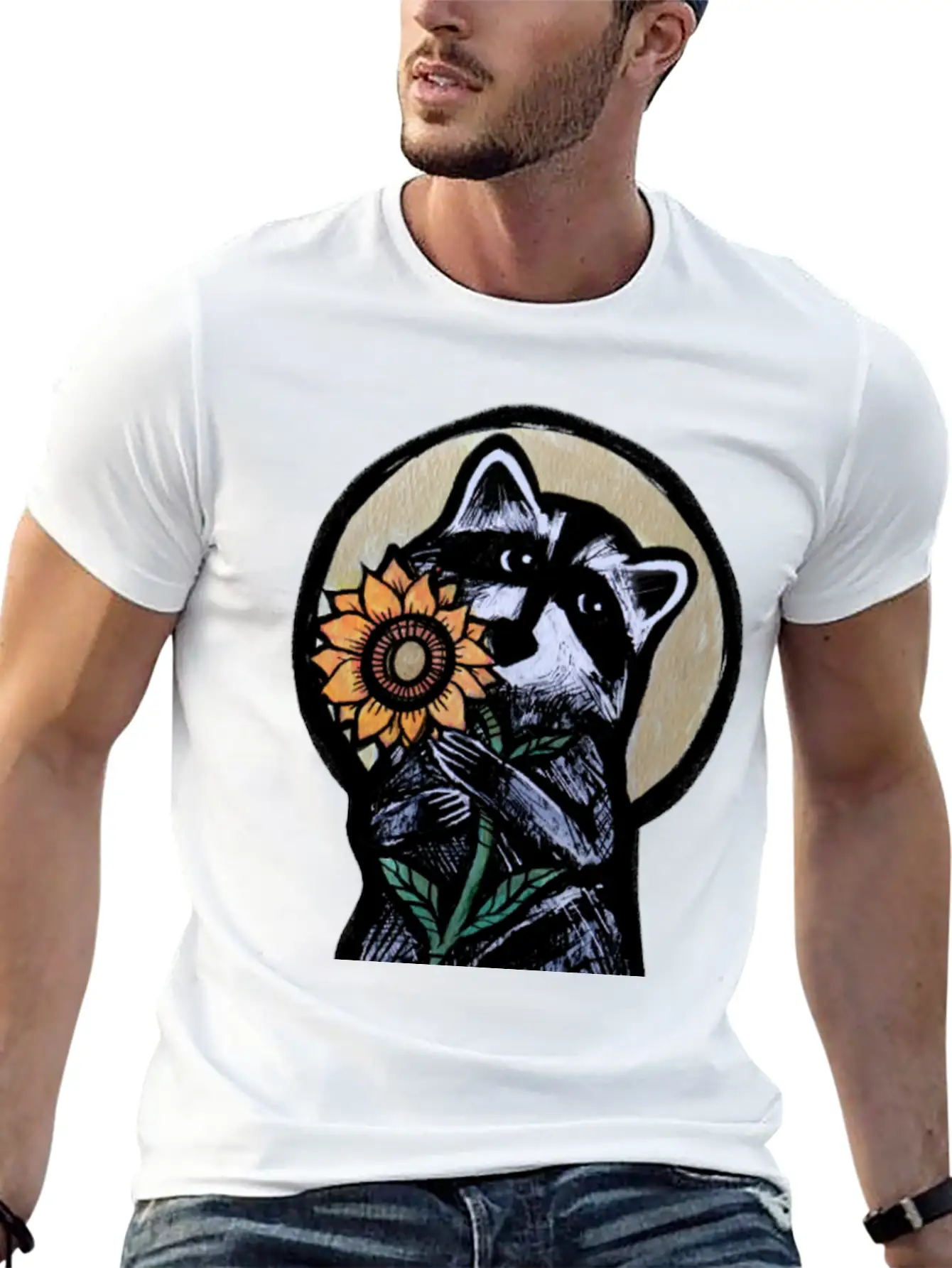 Sunflower Raccoon Breathable Graphic T-Shirt – Perfect For Casual Days