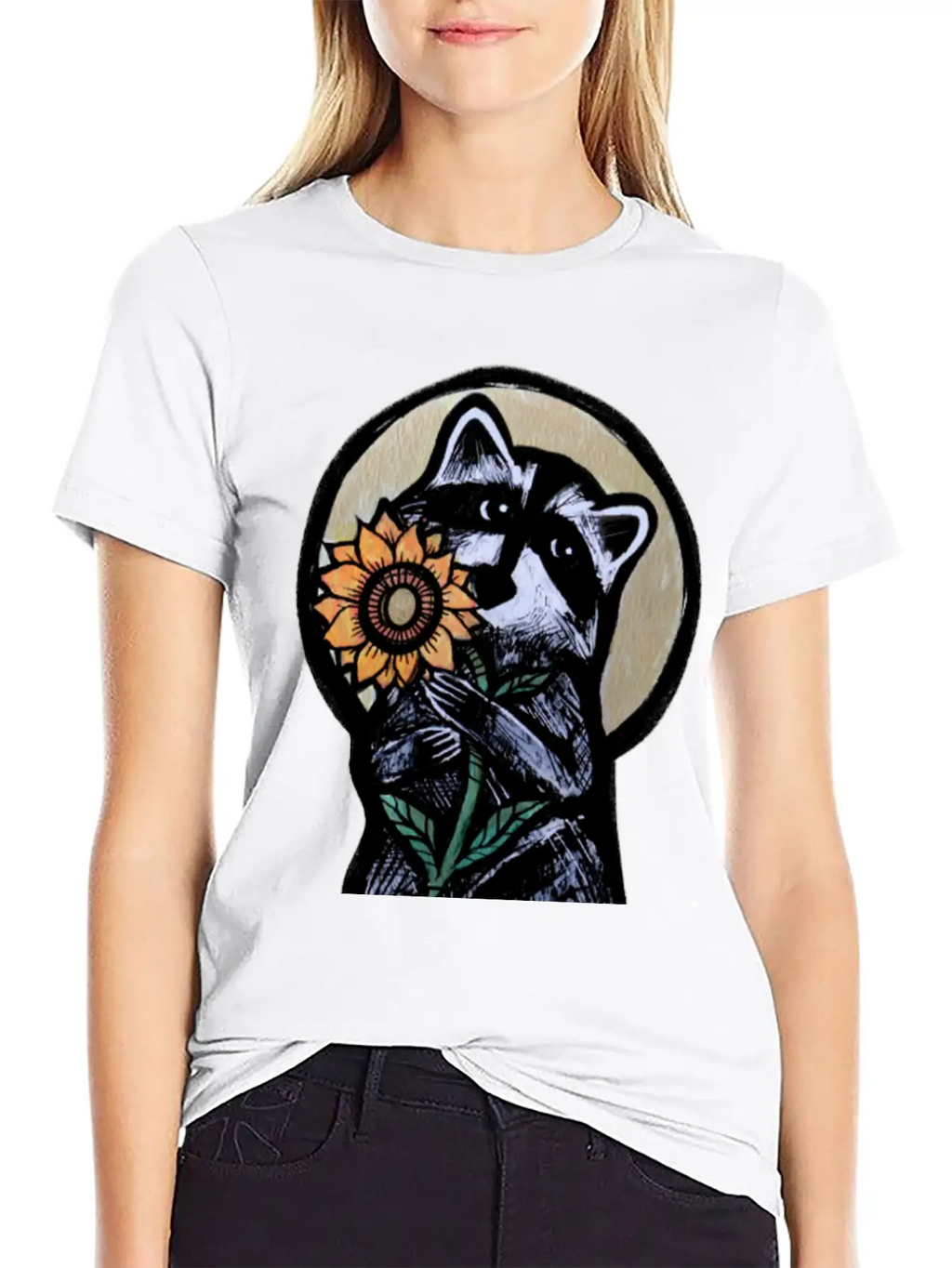 Sunflower Raccoon Breathable Graphic T-Shirt – Perfect For Casual Days