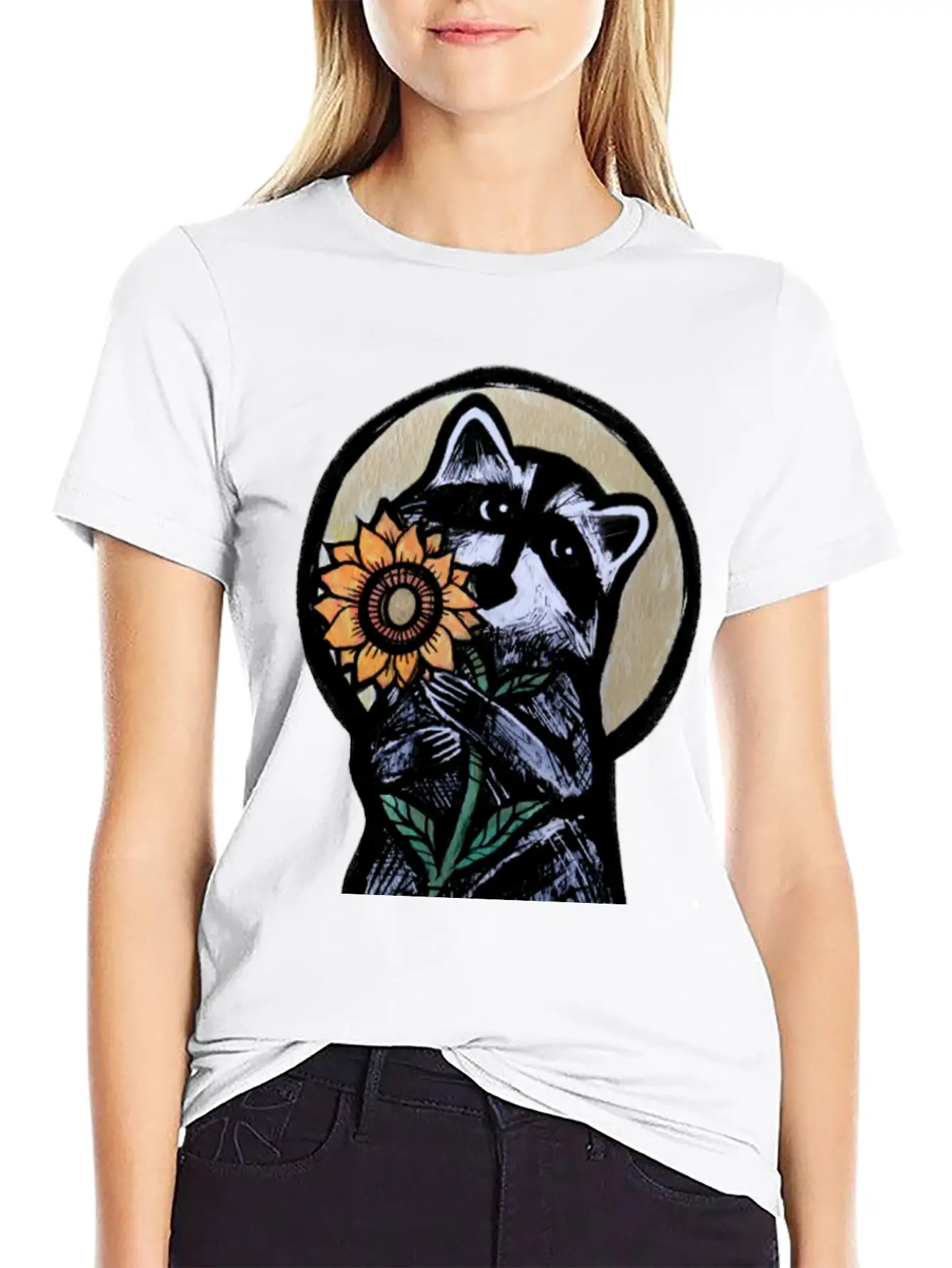 Sunflower Raccoon Breathable Graphic T-Shirt – Perfect For Casual Days