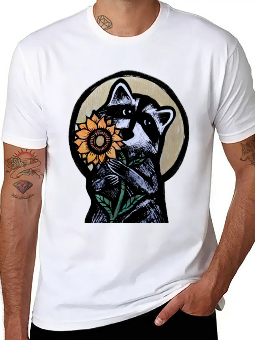 Sunflower Raccoon Breathable Graphic T-Shirt – Perfect For Casual Days