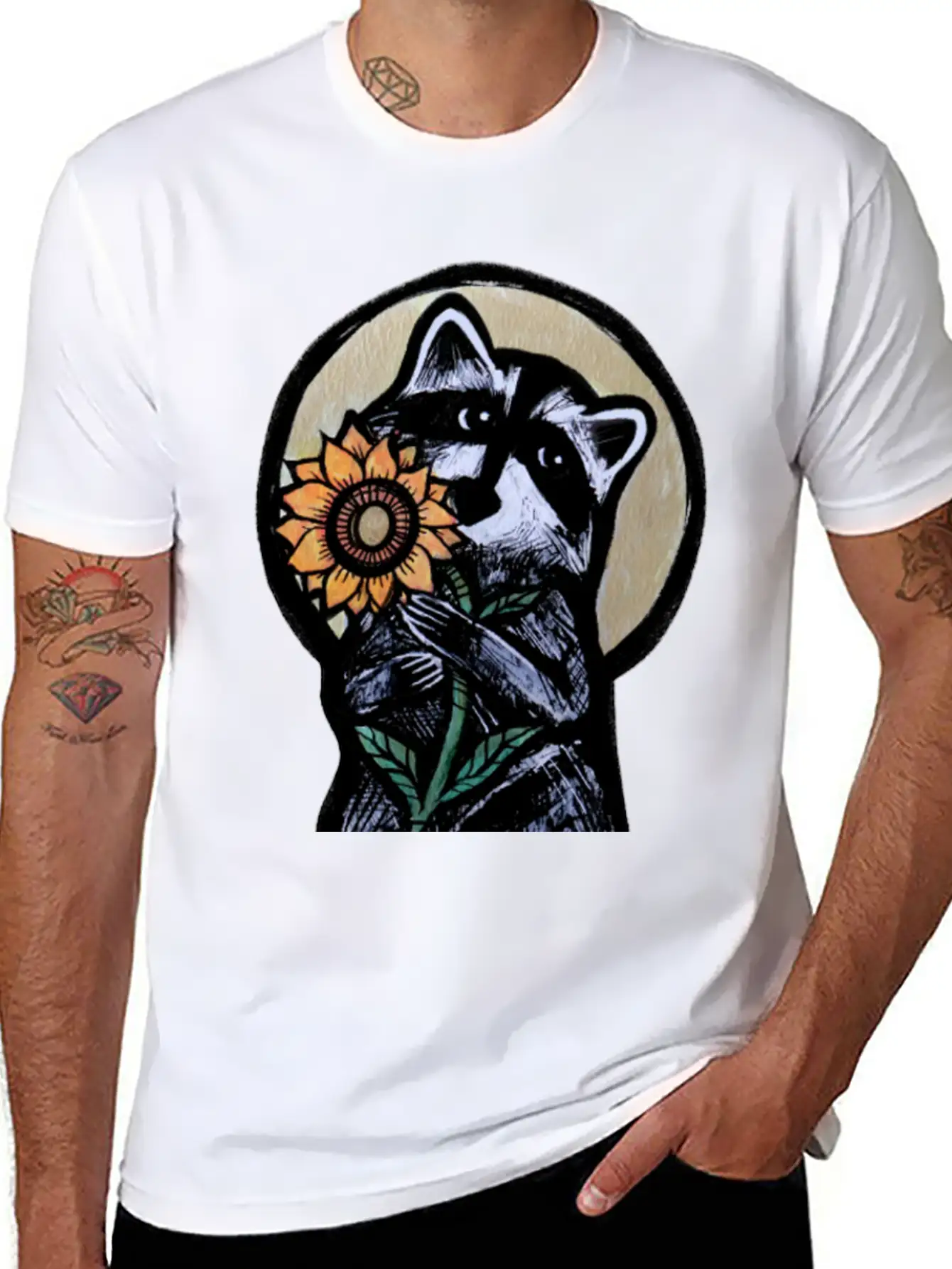 Sunflower Raccoon Breathable Graphic T-Shirt – Perfect For Casual Days