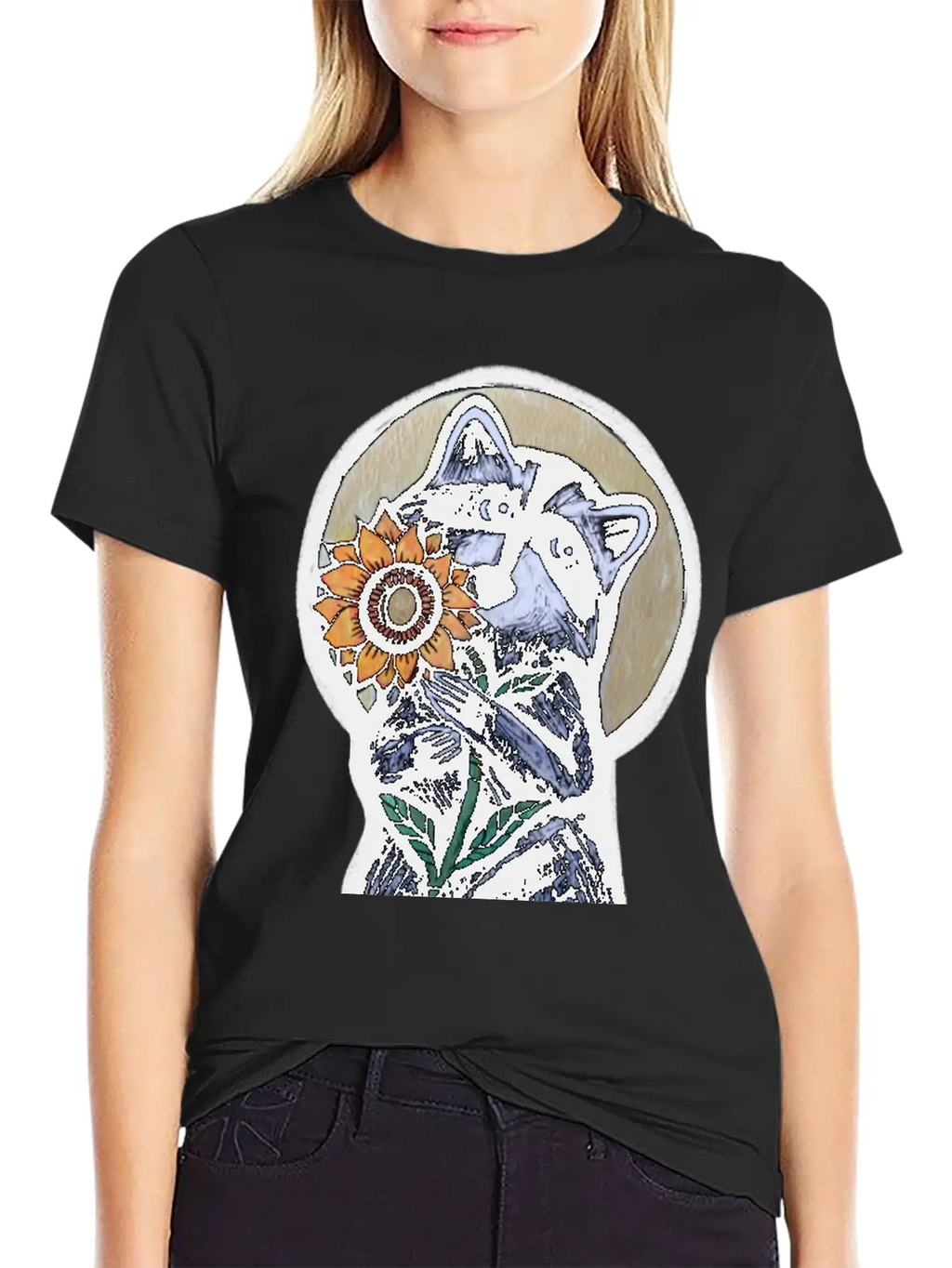Sunflower Raccoon Breathable Graphic T-Shirt – Perfect For Casual Days