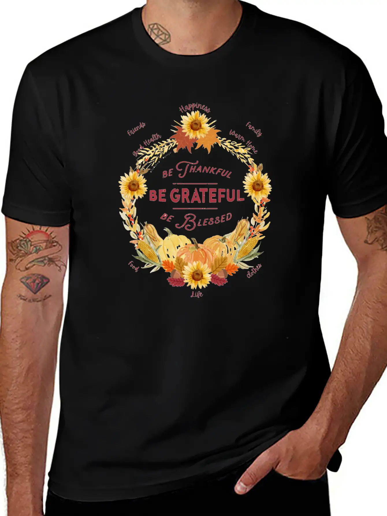 Sunflower Wreath Be Thankful Grateful Blessed Timeless Short Sleeve Tee – Comfy And Minimalist Design