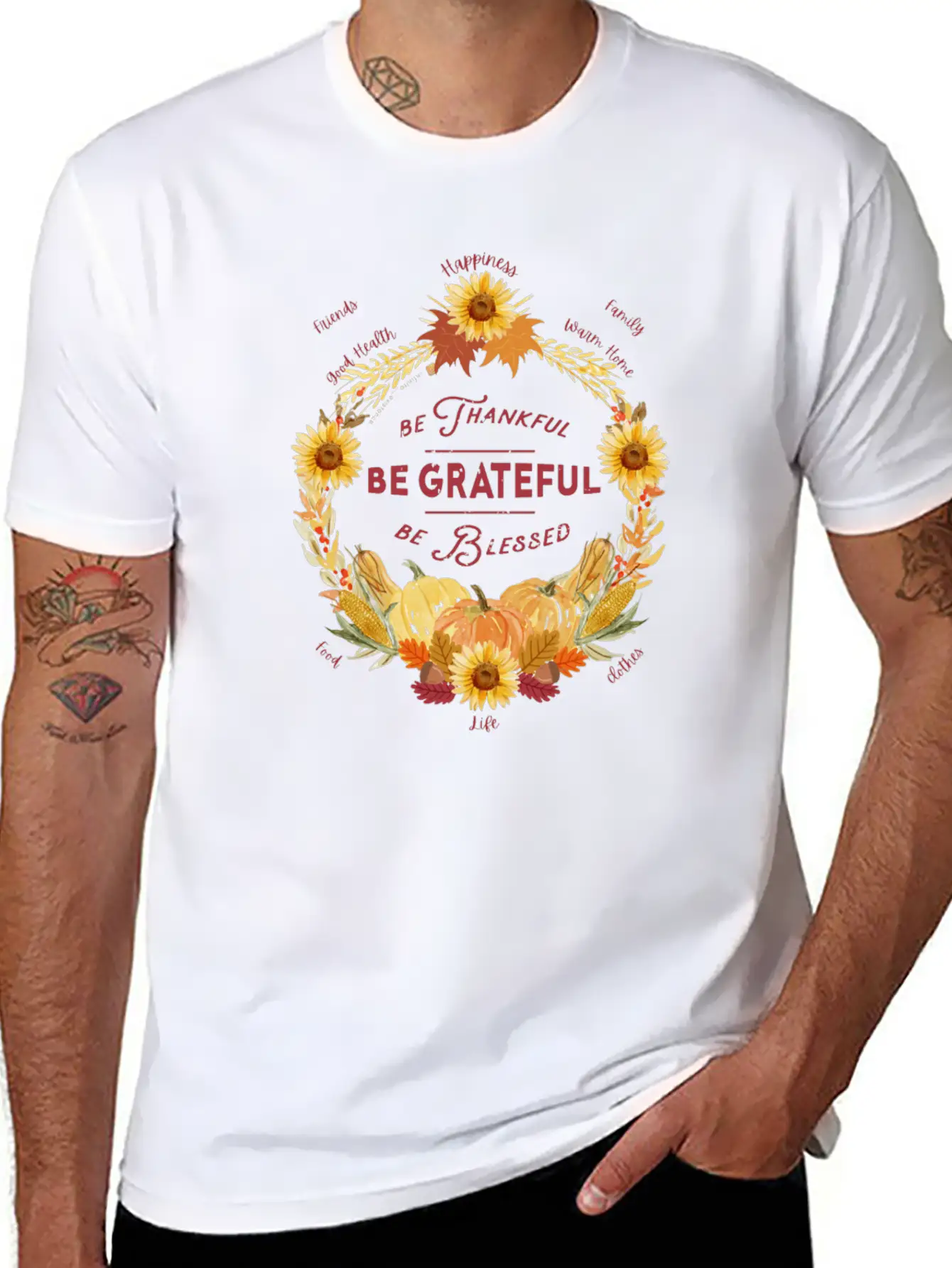 Sunflower Wreath Be Thankful Grateful Blessed Timeless Short Sleeve Tee – Comfy And Minimalist Design