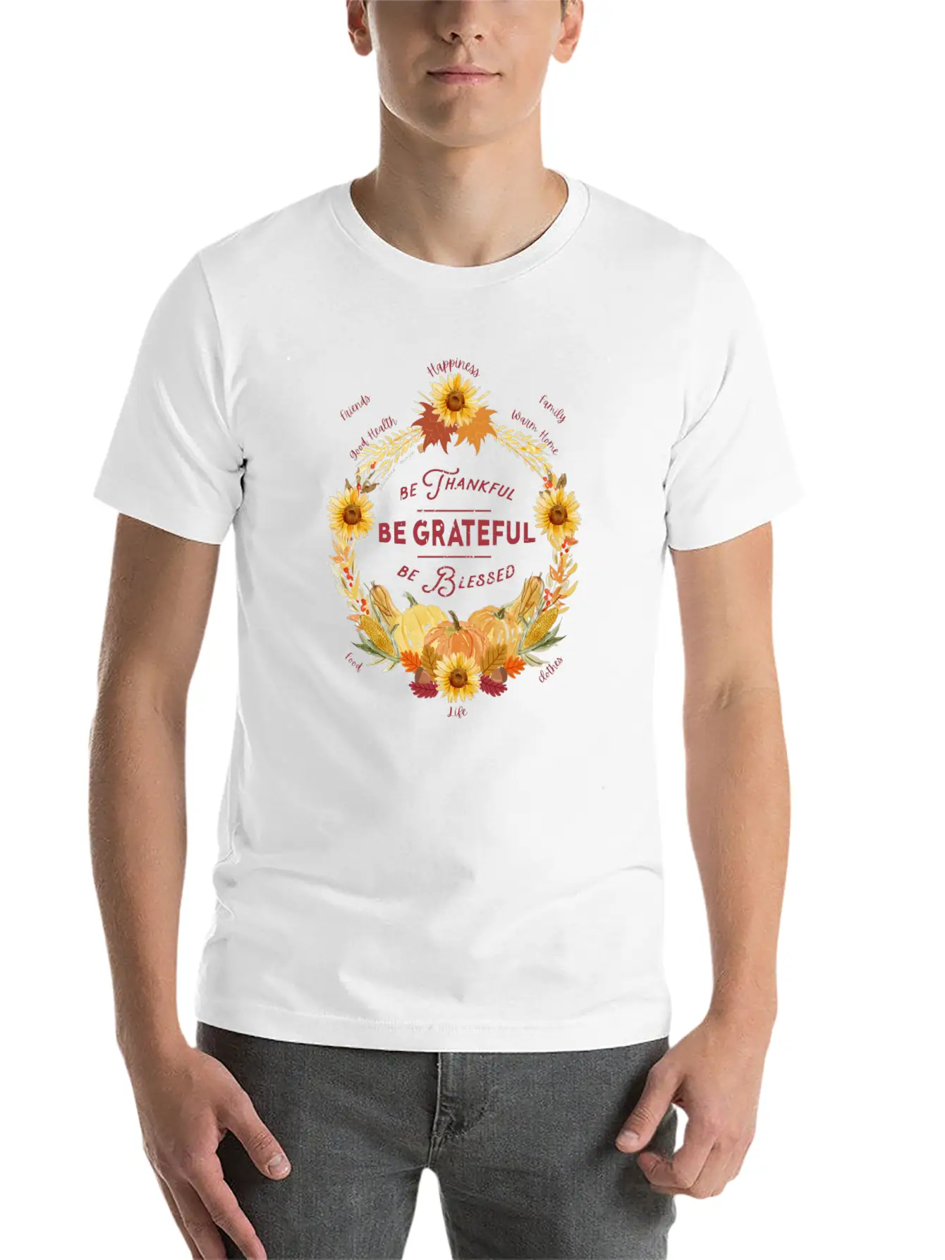 Sunflower Wreath Be Thankful Grateful Blessed Timeless Short Sleeve Tee – Comfy And Minimalist Design