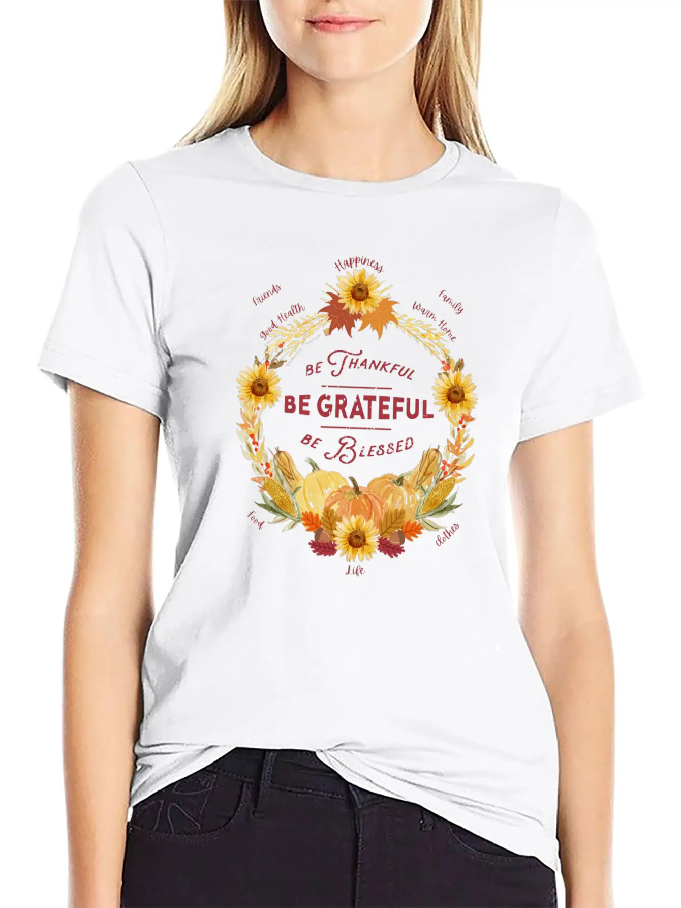 Sunflower Wreath Be Thankful Grateful Blessed Timeless Short Sleeve Tee – Comfy And Minimalist Design