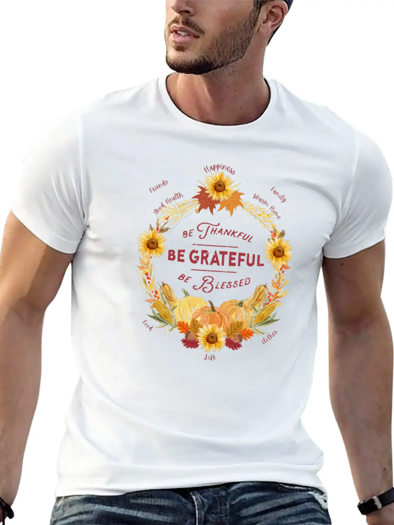 Sunflower Wreath Be Thankful Grateful Blessed Timeless Short Sleeve Tee – Comfy And Minimalist Design