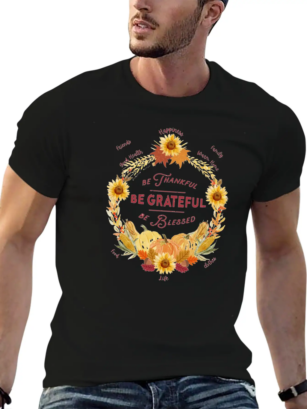 Sunflower Wreath Be Thankful Grateful Blessed Timeless Short Sleeve Tee – Comfy And Minimalist Design