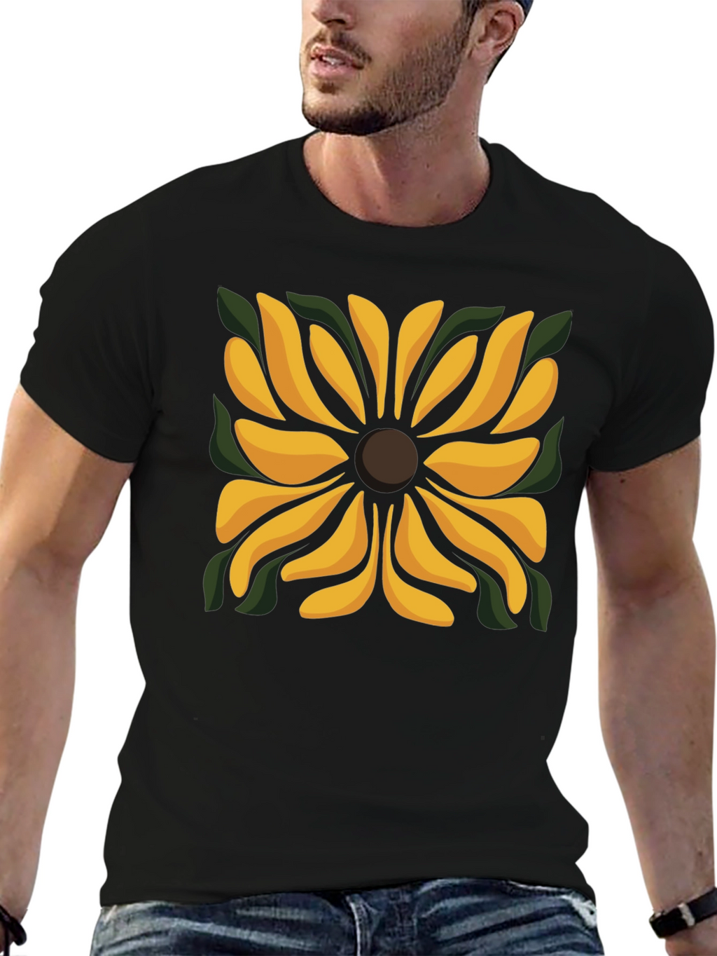 Black T-Shirt with Floral Square Design