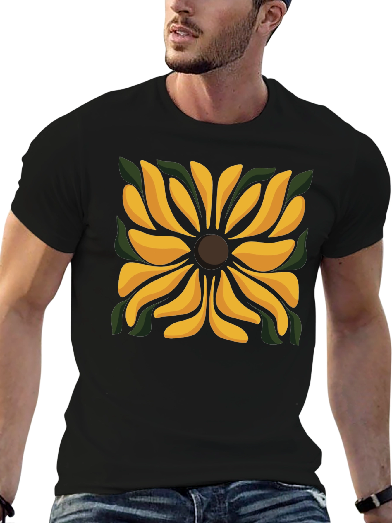 Black T-Shirt with Floral Square Design