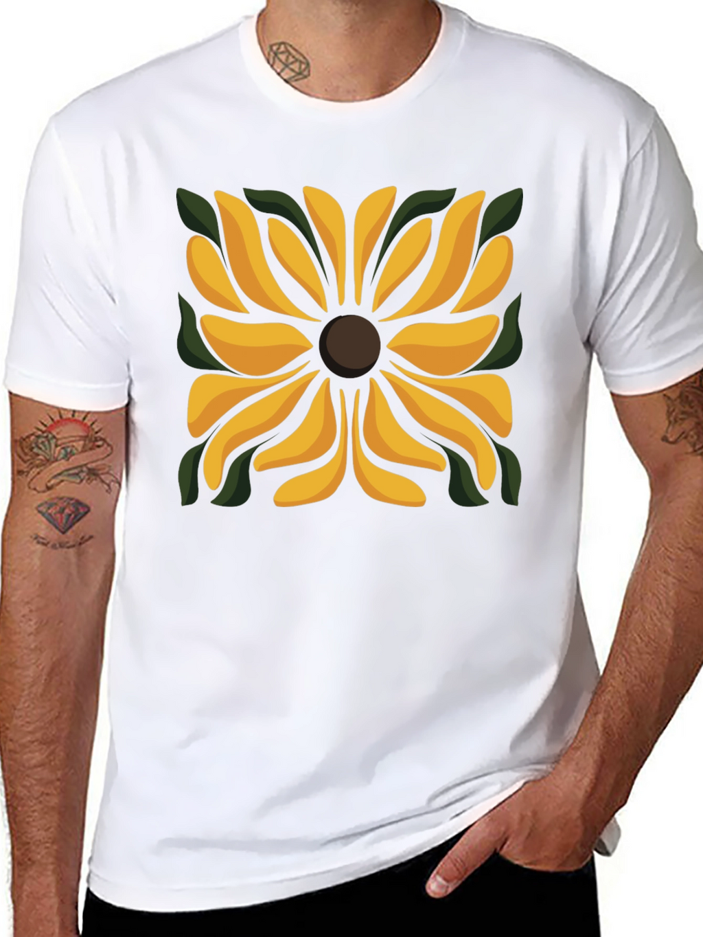 Black T-Shirt with Floral Square Design