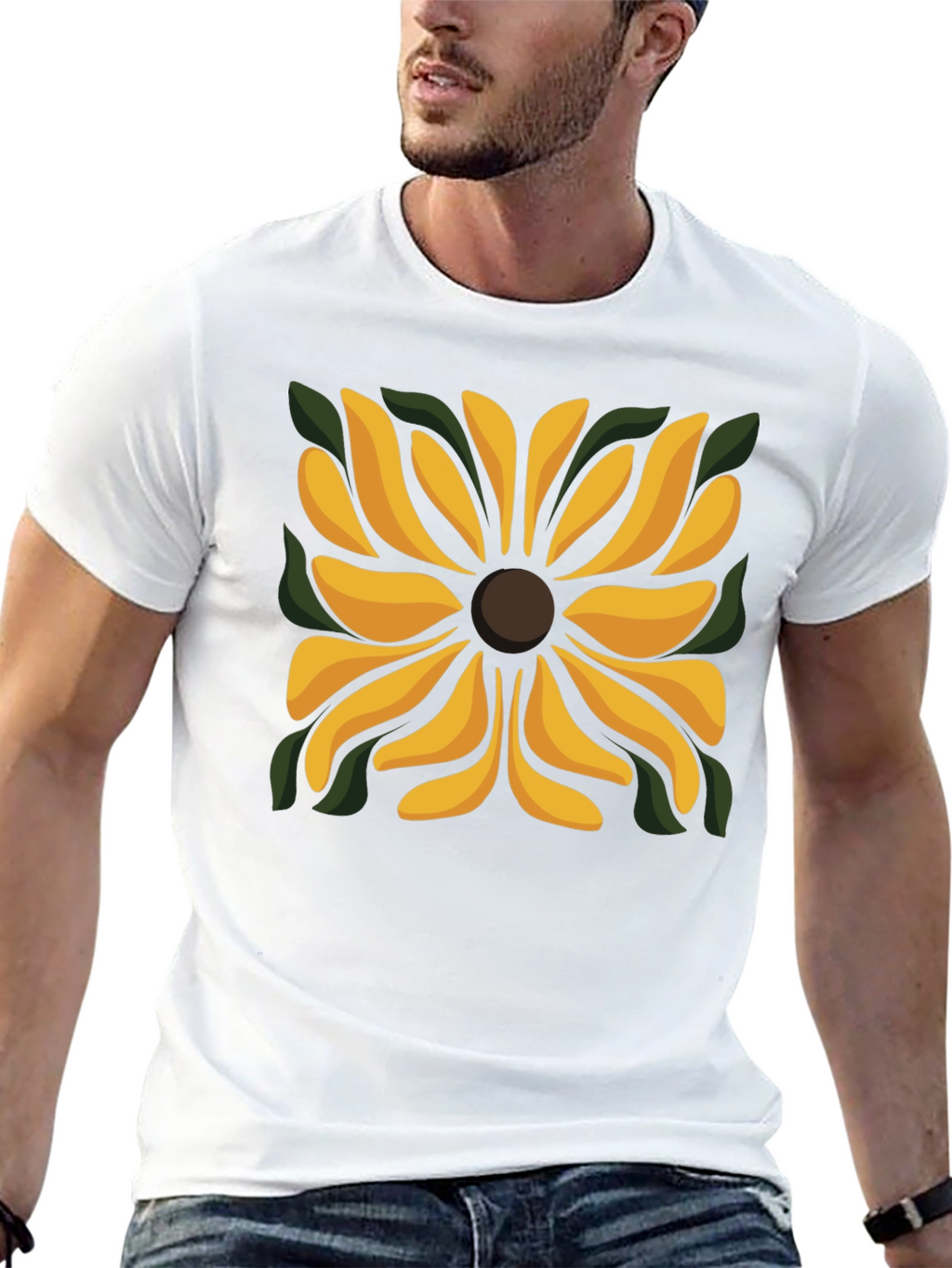 Black T-Shirt with Floral Square Design