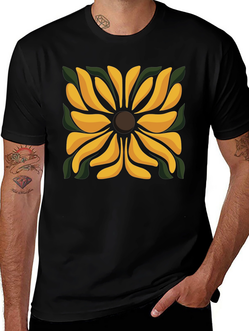 Black T-Shirt with Floral Square Design