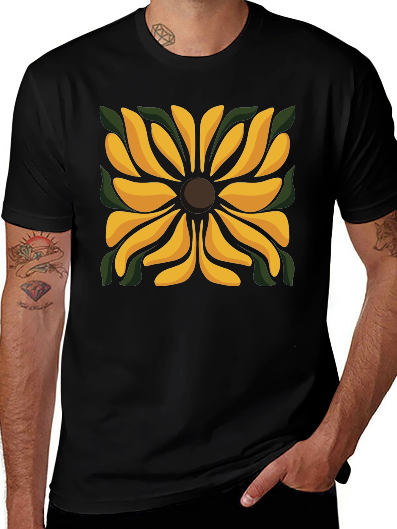 Black T-Shirt with Floral Square Design