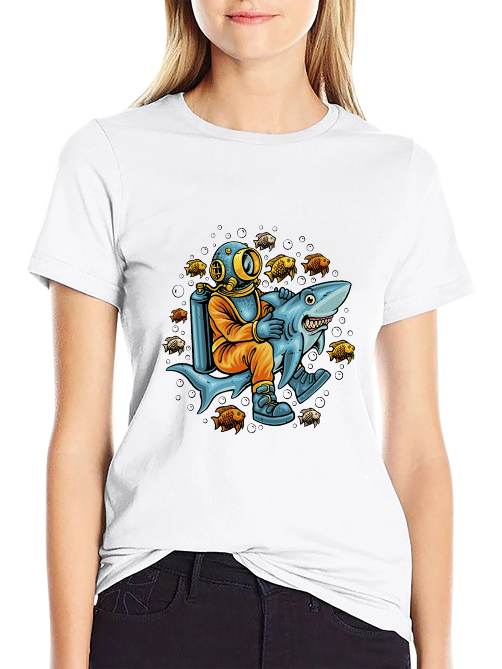 Diver Riding Shark Graphic Tee