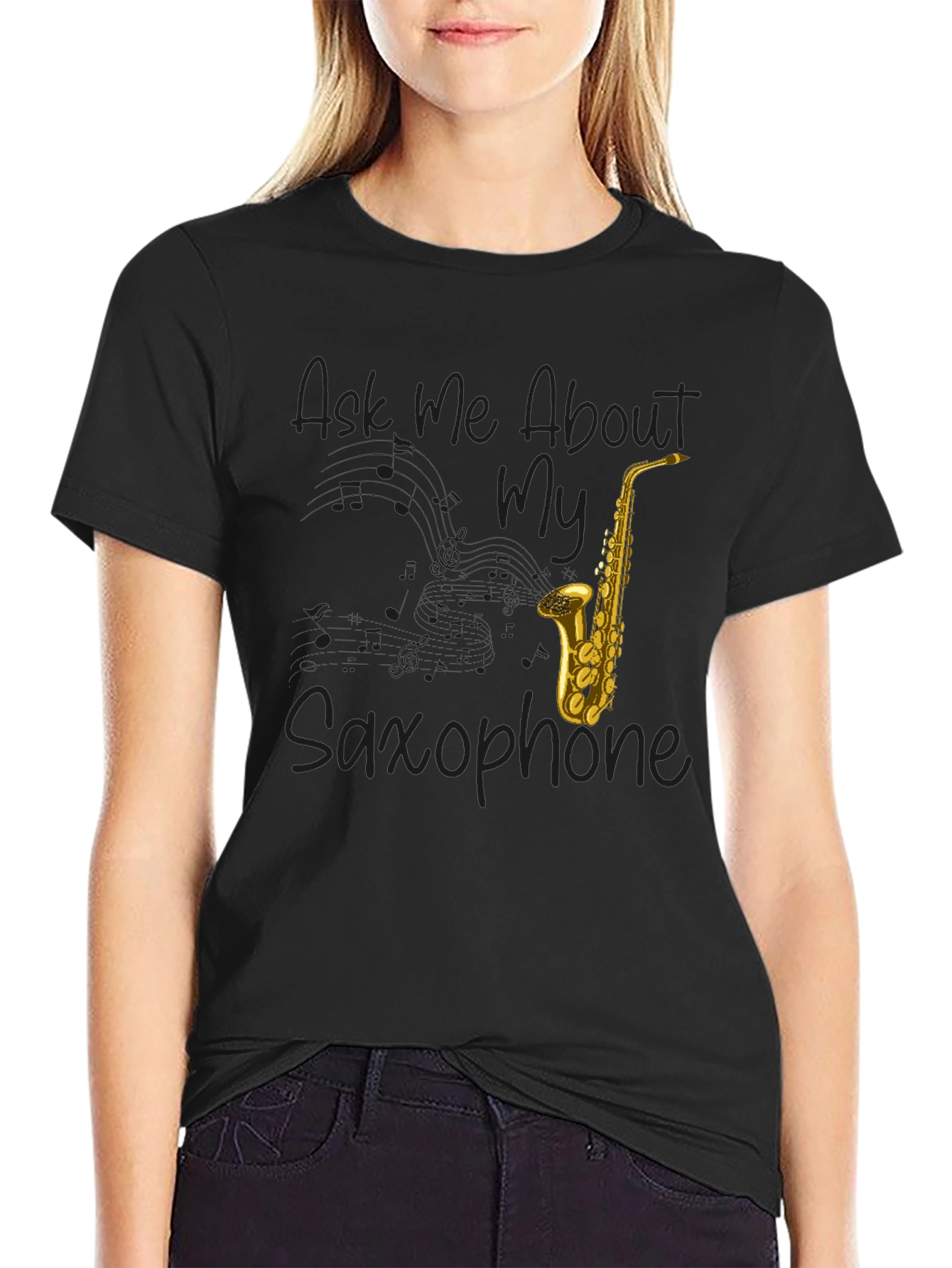 Ask Me About My Saxophone Black Graphic Tee