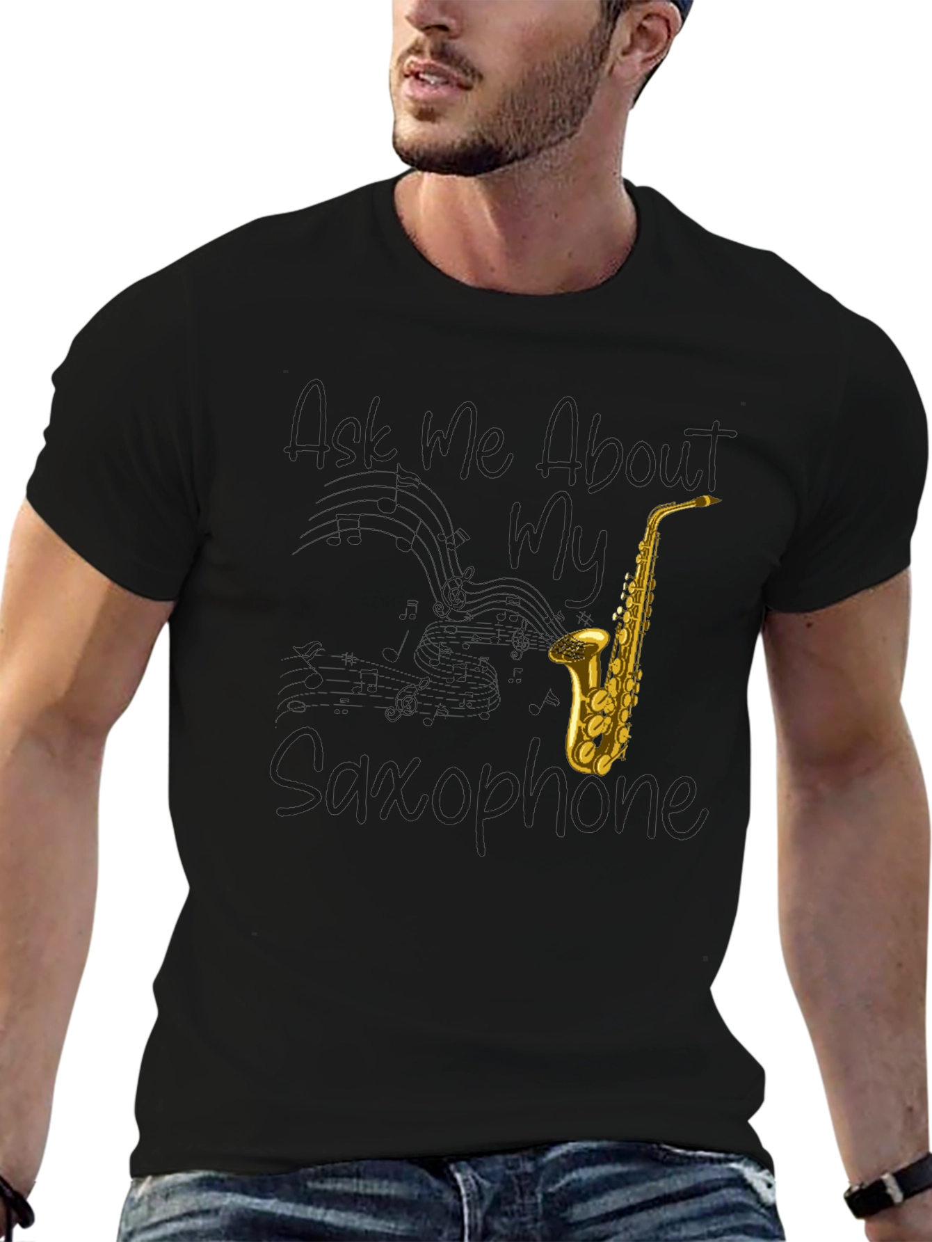 Ask Me About My Saxophone Black Graphic Tee