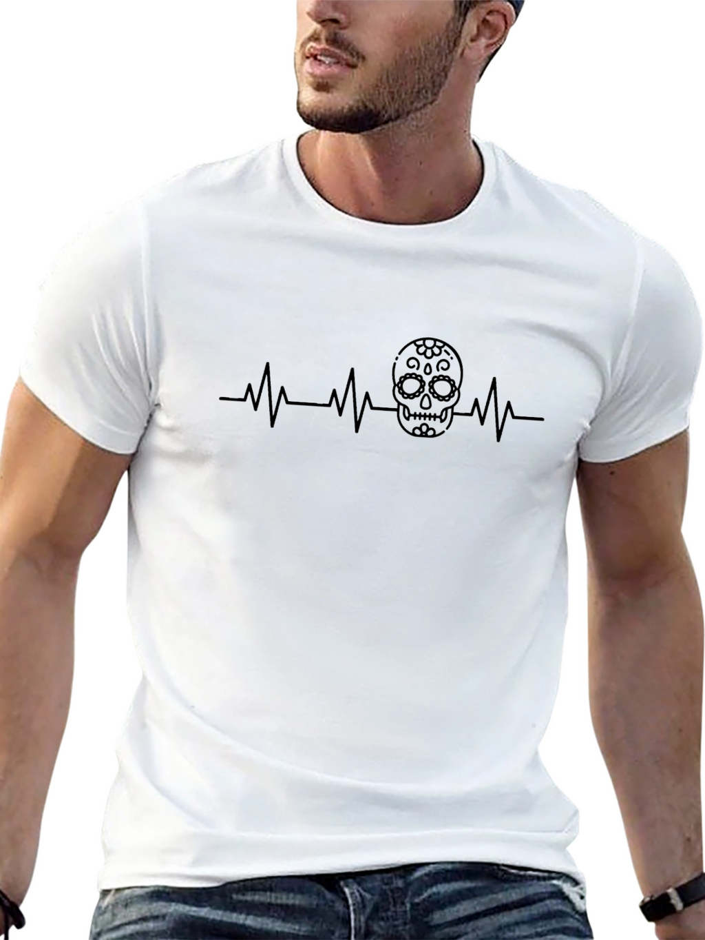 Skull Heartbeat Graphic Tee - Stylish Mens Black T-Shirt