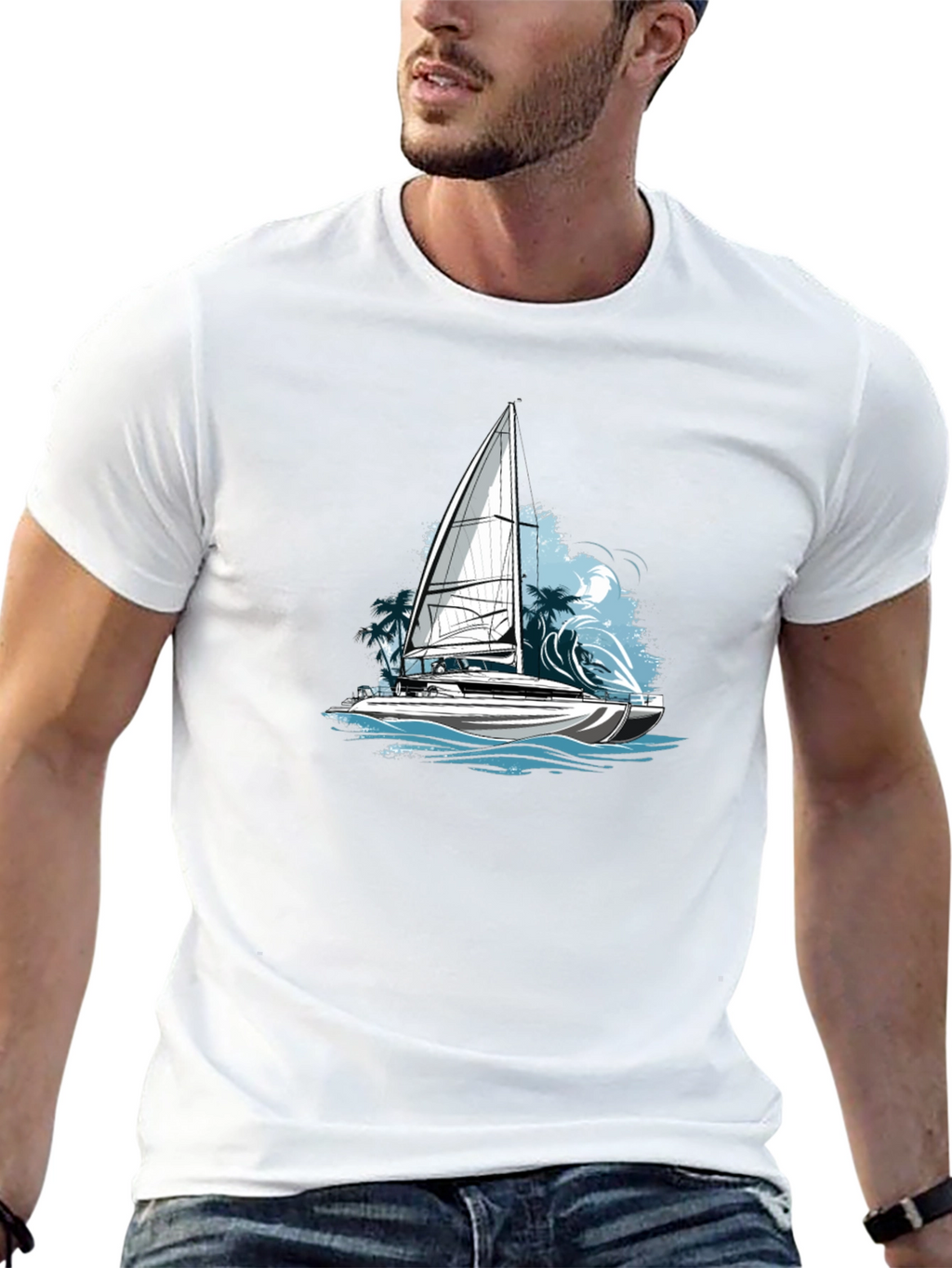 Nautical Sailboat Graphic Tee - Black Cotton Blend