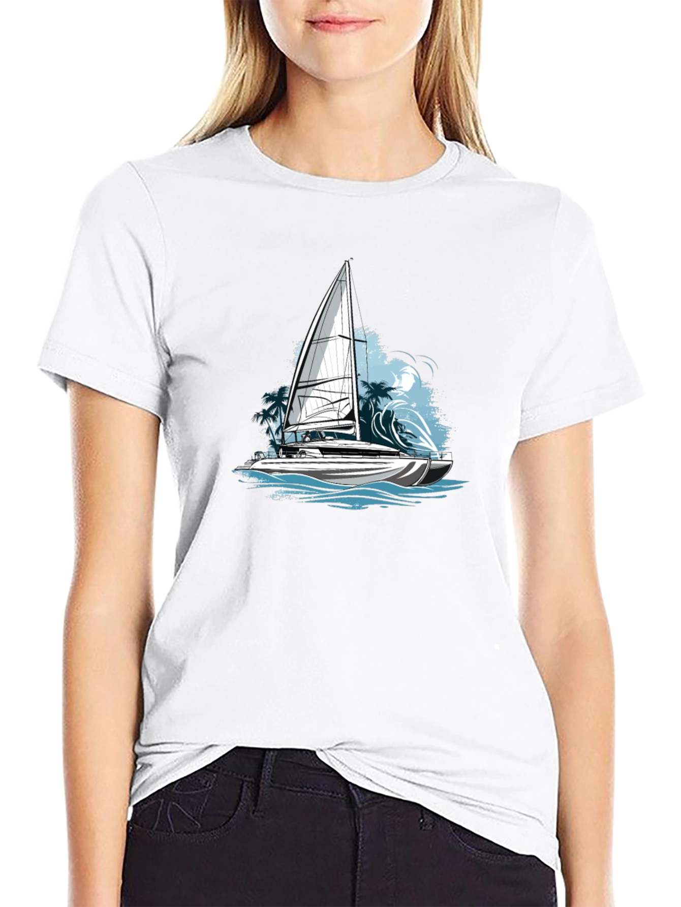 Nautical Sailboat Graphic Tee - Black Cotton Blend