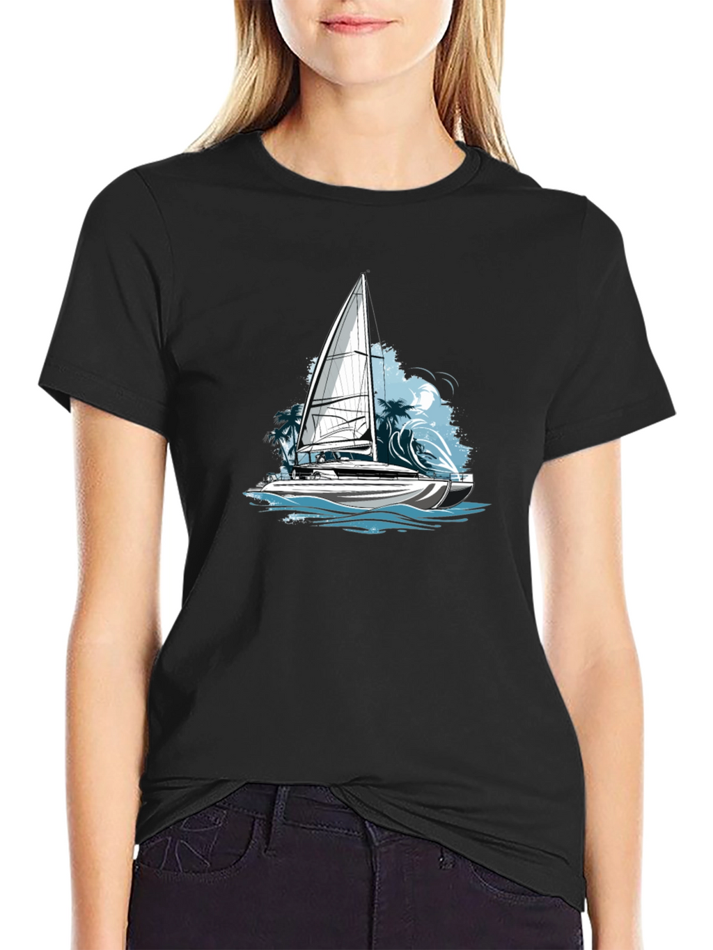 Nautical Sailboat Graphic Tee - Black Cotton Blend