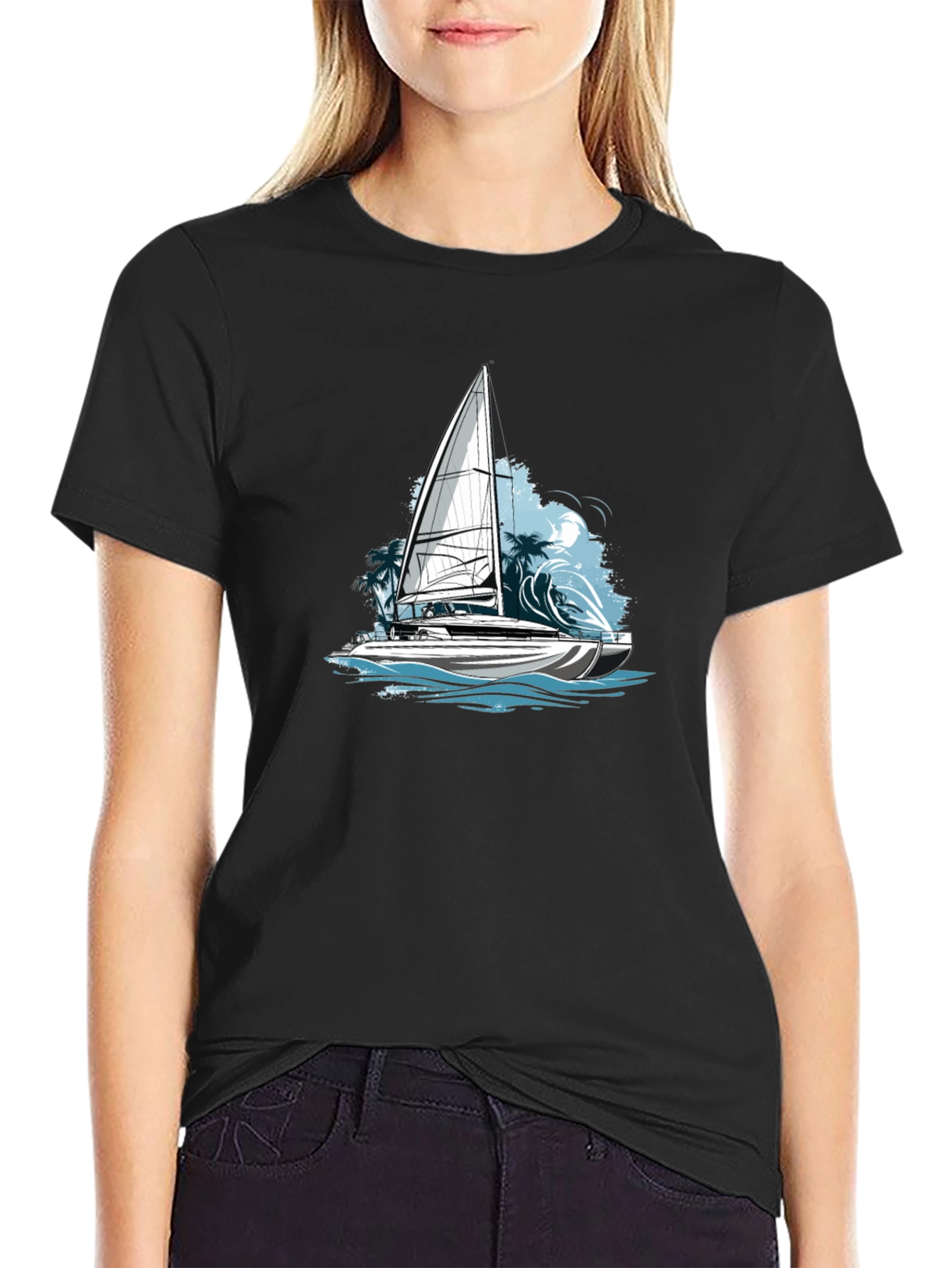 Nautical Sailboat Graphic Tee - Black Cotton Blend
